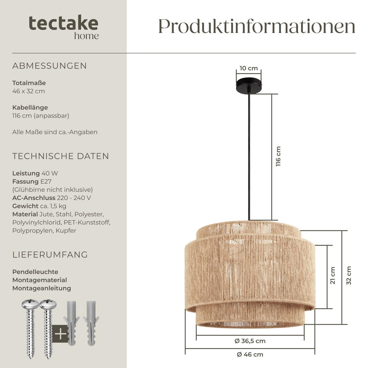 HÄNGELEUCHTE Lignea Lux aus Jute, 46 x 32 cm, natur - Naturfarben, Metall (46/46/32cm) - tectake