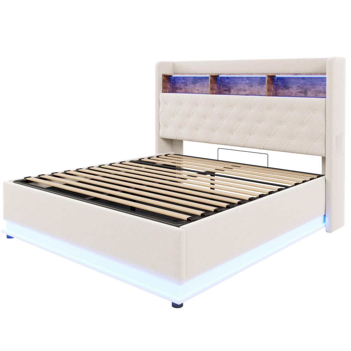 ČALÚNENÁ posteľ z látky 180x200 cm béžová s LED osvetlením, USB portom a hydraulickým úložným priestorom - béžová, textil (180/200cm) - Modfu