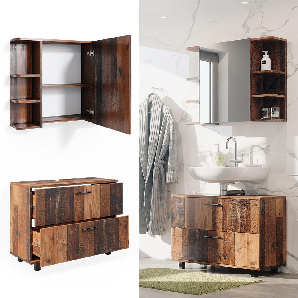 BADMÖBEL-SET Ilias Eiche rustikal 2 Teile, Unterschrank 80 cm - Wildeiche, Holzwerkstoff (80.2/60.8/33cm) - Vicco