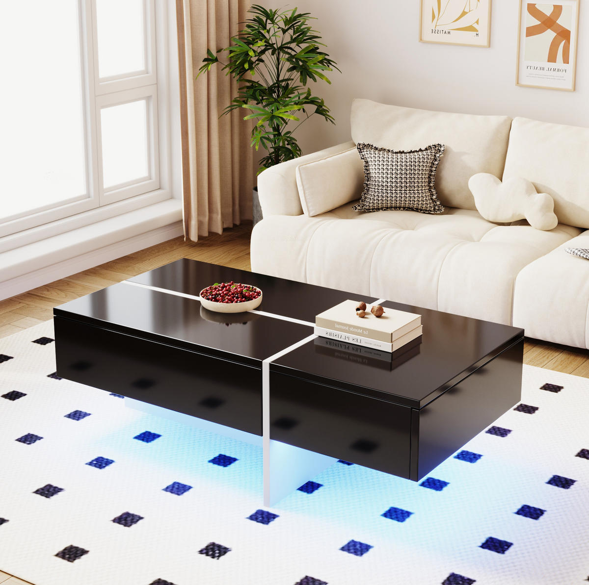 COUCHTISCH, Spanplatte Hochglanz Schwarz mit app‑gesteuerter LED‑Beleuchtung, 100/50/34,5 cm, Schwarz - Schwarz, Holzwerkstoff (100/50/34.5cm) - Redom