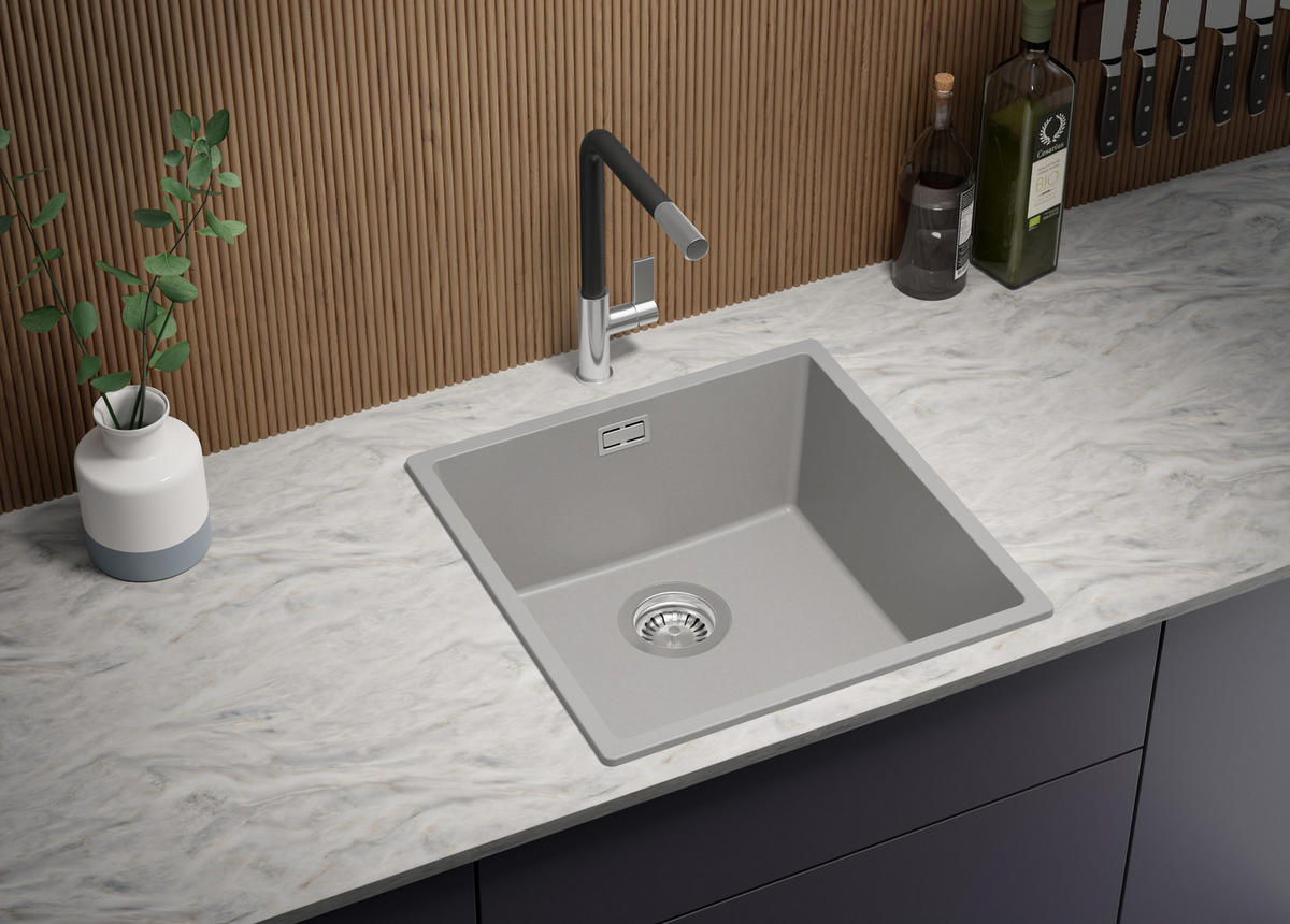 GRANITSPÜLE London Slim, 2-er set Grau 46/47 cm 1 Becken + Küchenarmatur 38/14 cm + Ablauf-Set ab 50er Unterschrank - Grau, Kunststoff (46/20/47cm) - Primagran