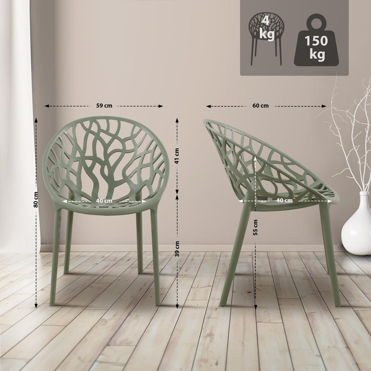 GARTENSTUHL 2er Set Kunststoff oliv - Olivgrün, Kunststoff (59/80/60cm) - CLP