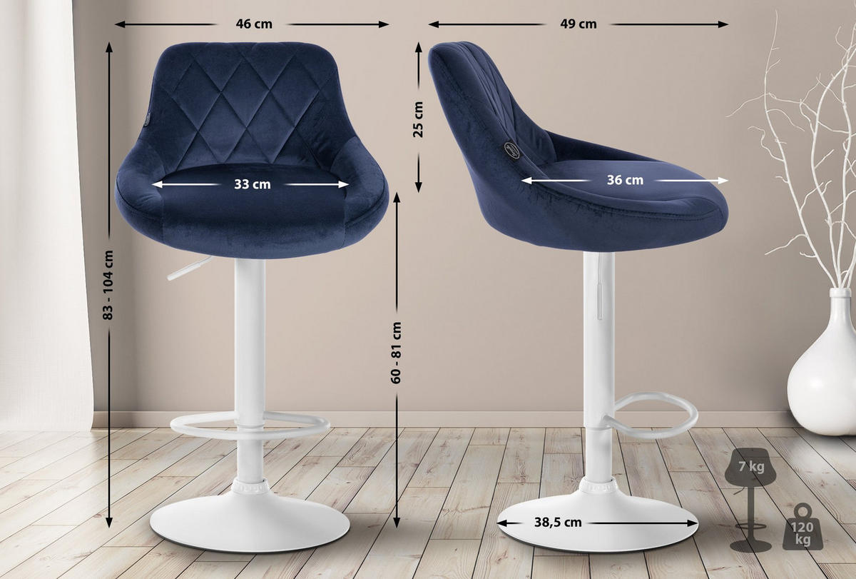 BARHOCKER 2er Set Samt blau - Blau/Weiß, Textil/Metall (46/83/49cm) - CLP