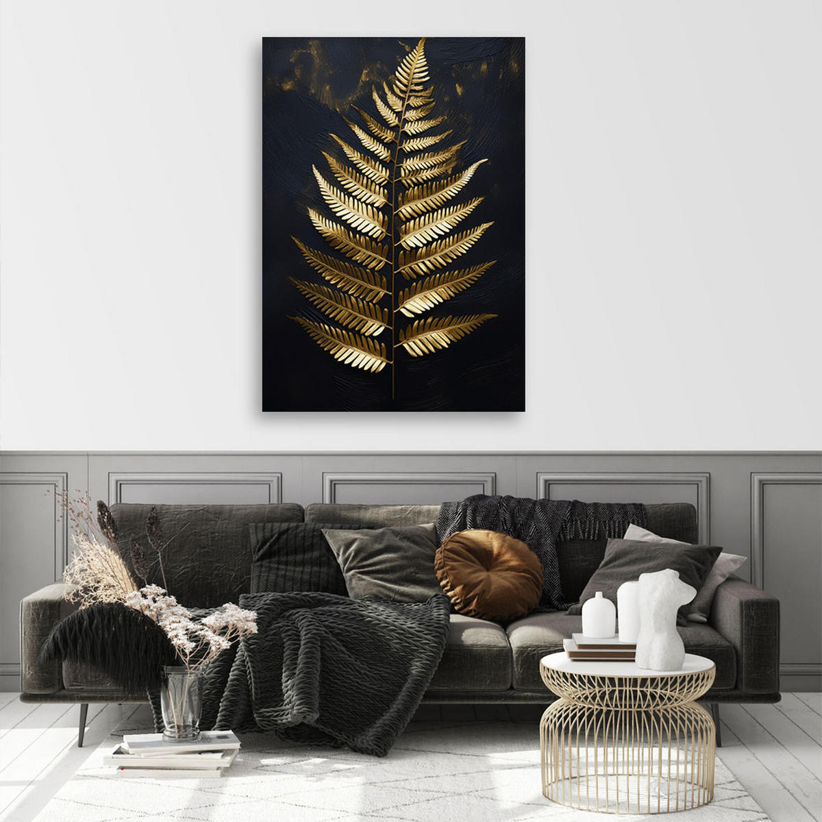 WANDBILD blattgoldfarn auf schwarzem hintergrund - Goldfarben, Textil (80/120cm) - Feeby