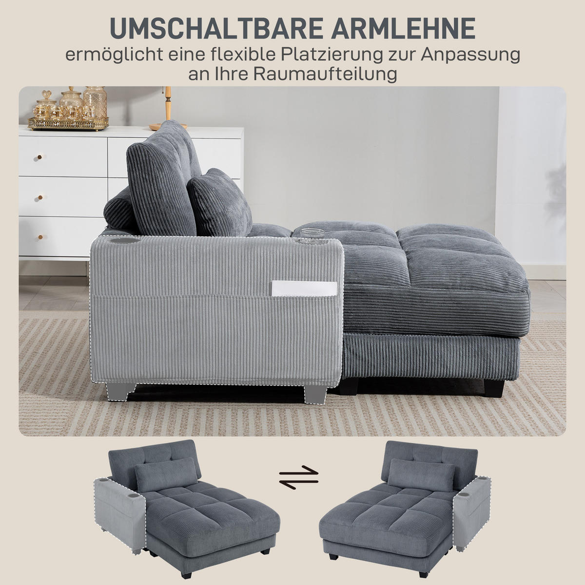 CHAISELONGUE 2 Sitzer Schlafsofa 114 x 147 cm mit Becherhalter Dunkelgrau - Dunkelgrau/Schwarz, Kunststoff/Textil (114/86/147cm) - HOMCOM
