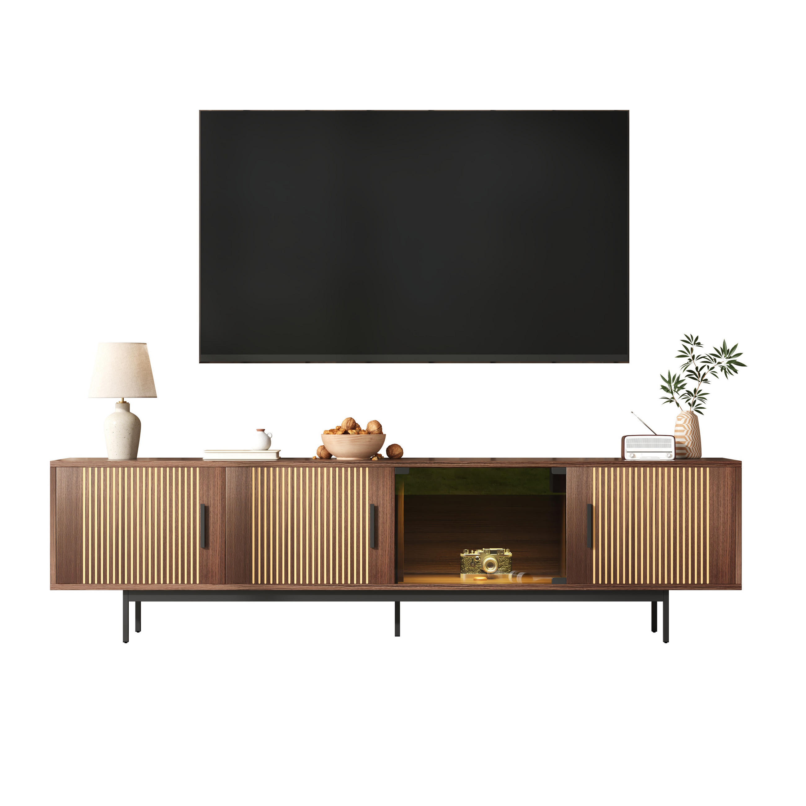 LOWBOARD TV-Schrank mit geschnitzter Textur und LED-Lichtleiste mit Glastür - Walnussfarben/Schwarz, Glas/Holzwerkstoff (200/53/35cm) - EVRYAE