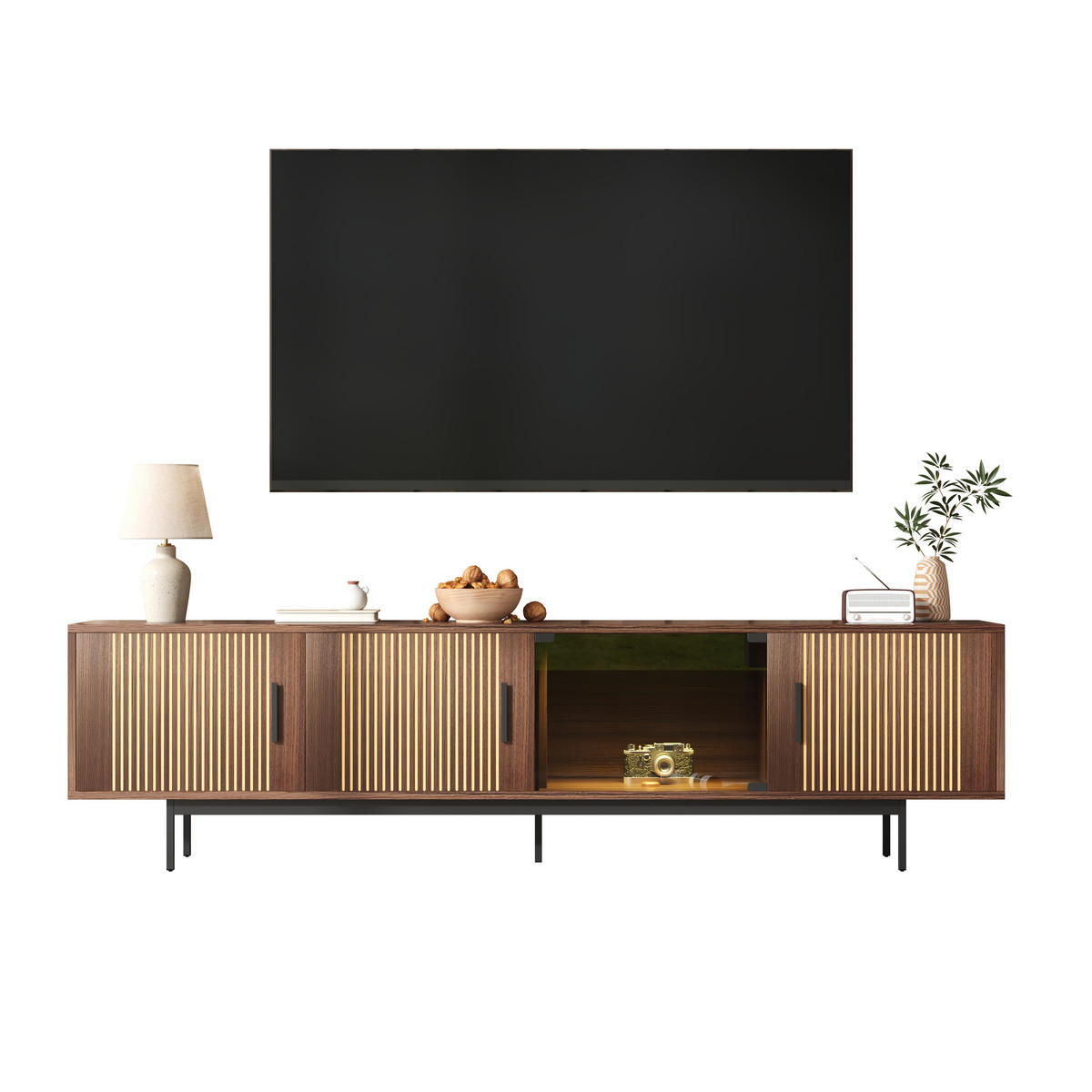TV-ELEMENT200X35X53CM WalnussBraun Lowboard mit LEDLichtleiste und Glastür - Schwarz, Holz (42.19/24.61/62cm) - Raelunyi