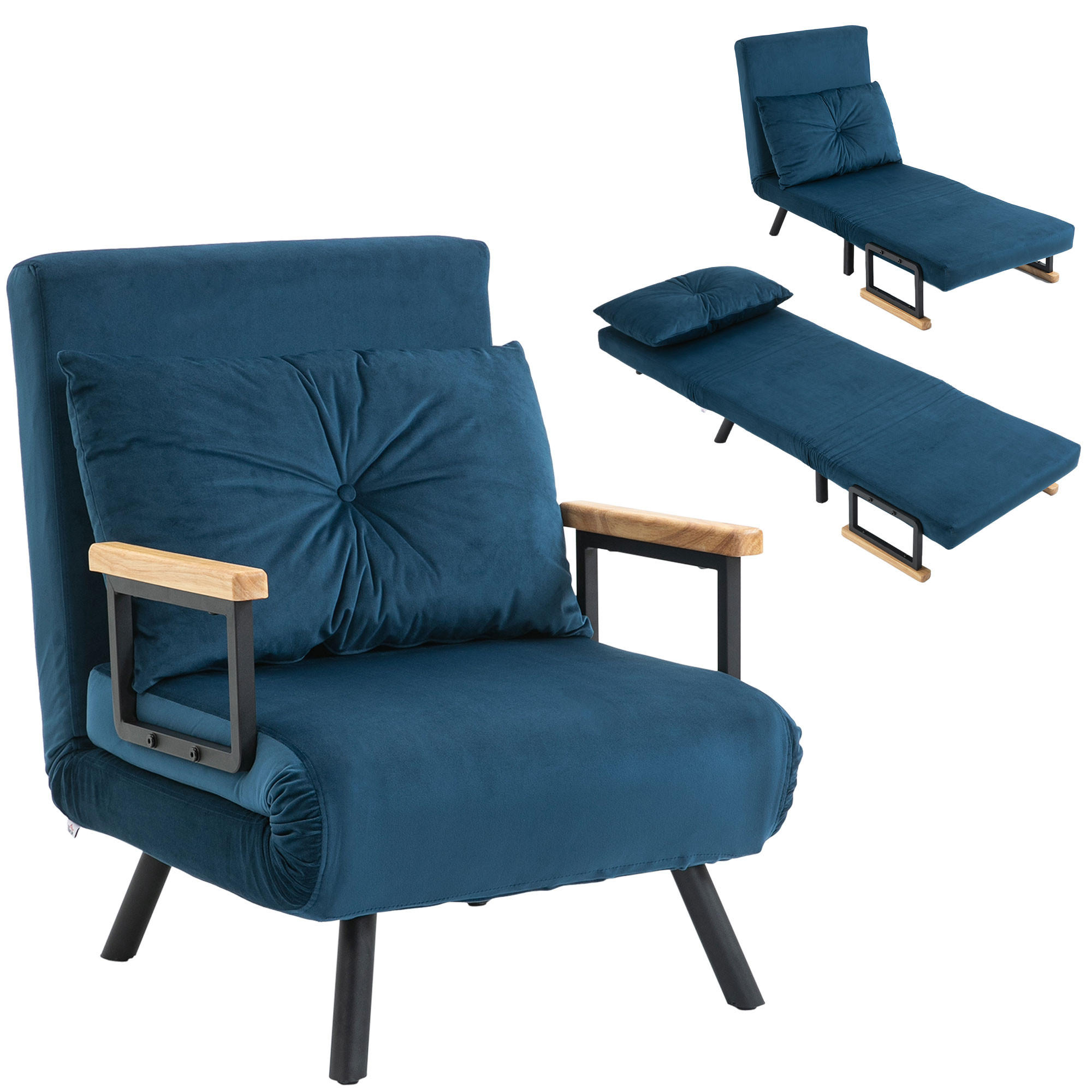 SCHLAFSESSEL 3-in-1 DE-14561 5-fach verstellbar, mit Holzarmlehnen Blau - Blau, Textil (73/81/63cm) - ComfortXL