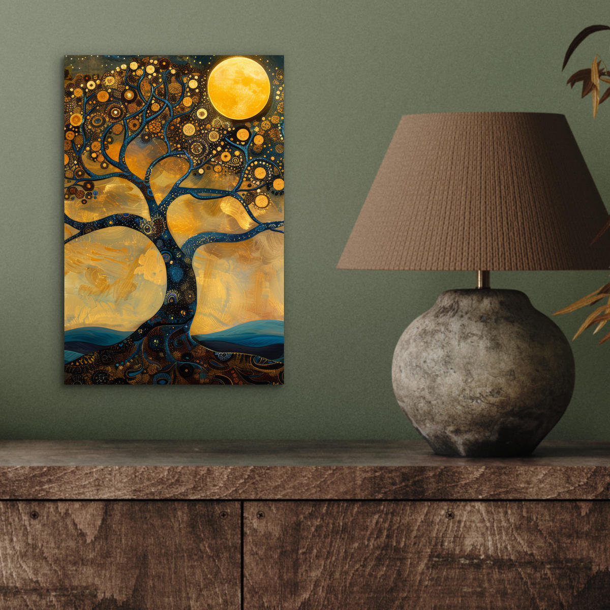METALLBILD Baum - Mond - Blumen - Gold - Kunst 20x30 cm - Orange, Metall (20/30cm) - MuchoWow