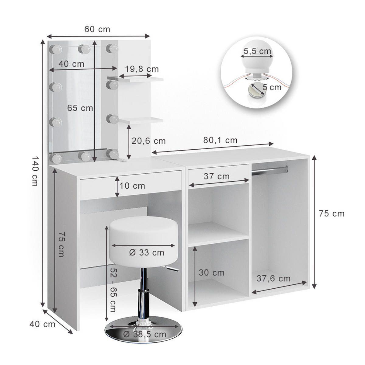 SCHMINKTISCH Isabelle Weiß 60 cm mit LED, Hocker und Schrank - Weiß, Holzwerkstoff (60/140/40cm) - Vicco