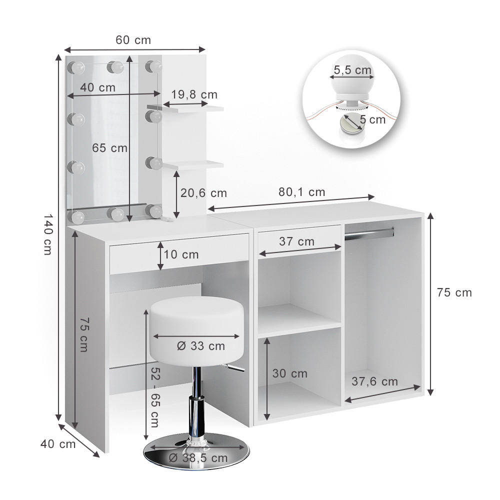 Thumbnail - Vicco Schminktisch, Weiß, Holzwerkstoff, 8 Fächer, 2 Schubladen, Rechteckig,Rechteckig, 140x140x40 cm, Schlafzimmer, Sch...