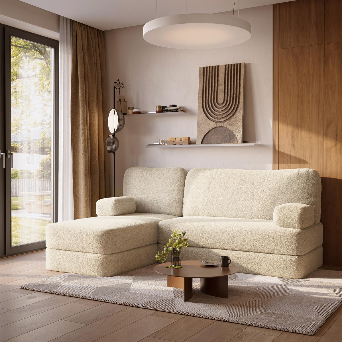 ECKSOFA SABI modulares Boneless Sofa mit Schlaffunktion Creme Boucle-Stoff - Creme, Textil (200/120cm) - MASSENO