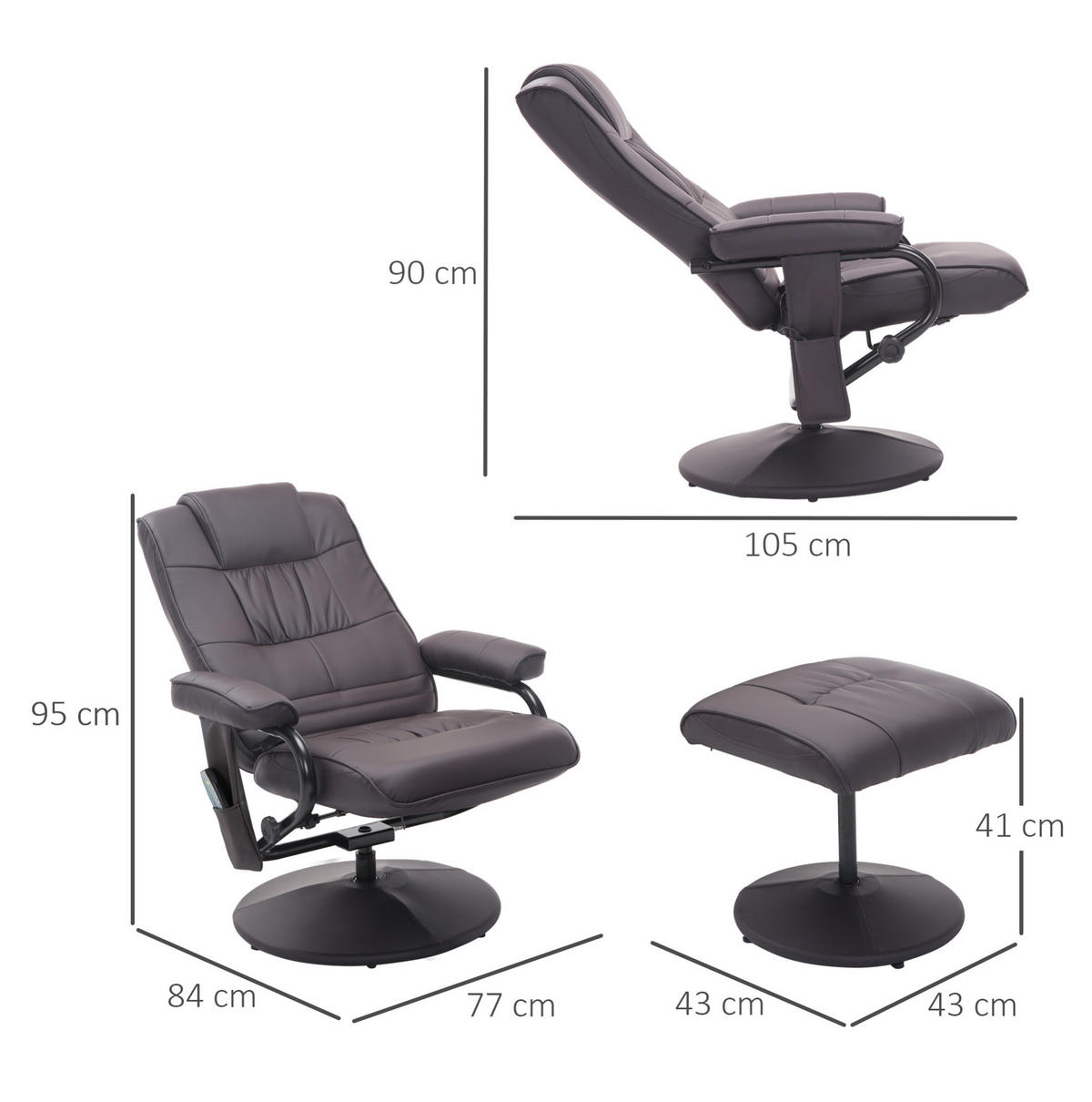 MASSAGESESSEL mit Hocker Kunstlederbezug 360° drehbar, Liegefunktion 84/77/95 cm Braun - Braun, Metall (77/95/84cm) - Redom