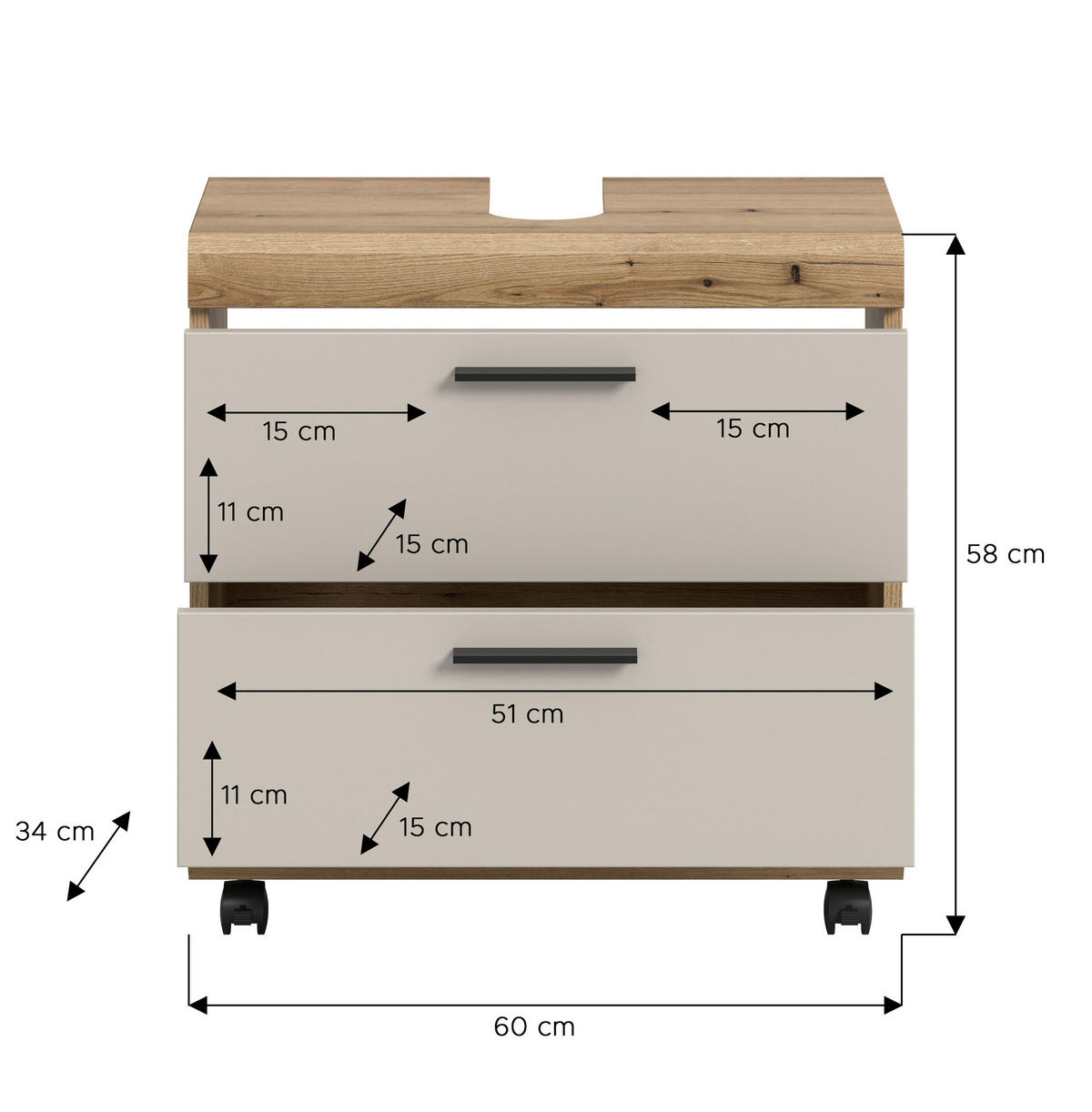 WASCHBECKENUNTERSCHRANK auf Rollen SCOUT (B/H/T: ca. 60/60/34 cm) in Evoke Oak Nachbildung/Kaschmir matt - Eichefarben, Holzwerkstoff (60/60/34cm)