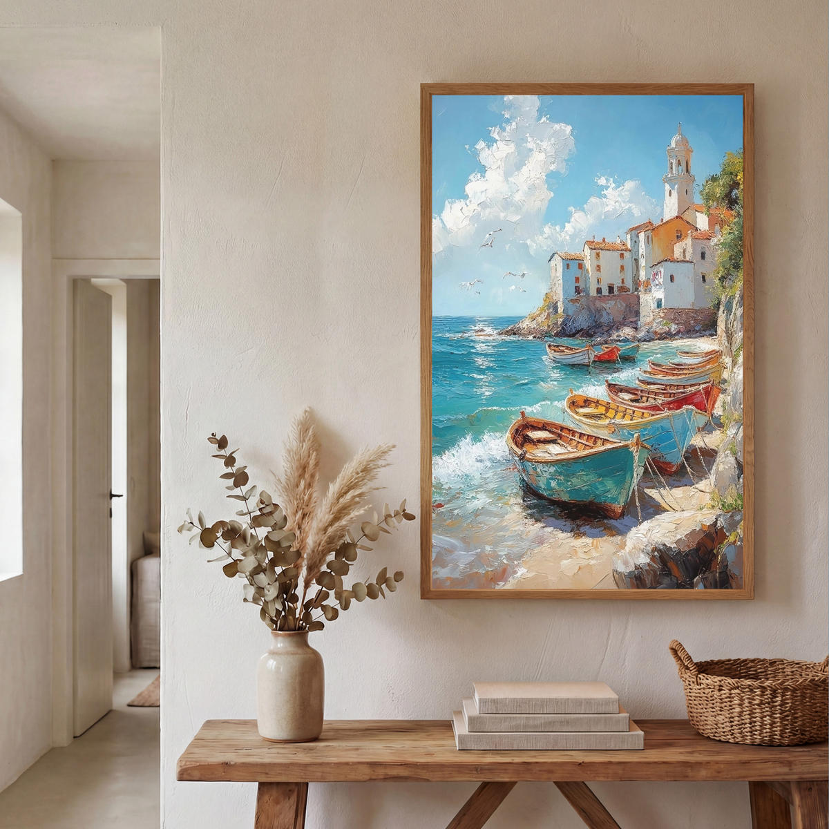 NÁSTĚNNÁ LAMPA S AKUMULÁTOREM Lodě - skály - moře - slunce 60x90 cm - modrá, kompozitní dřevo (60/90/8cm) - OnlyWow