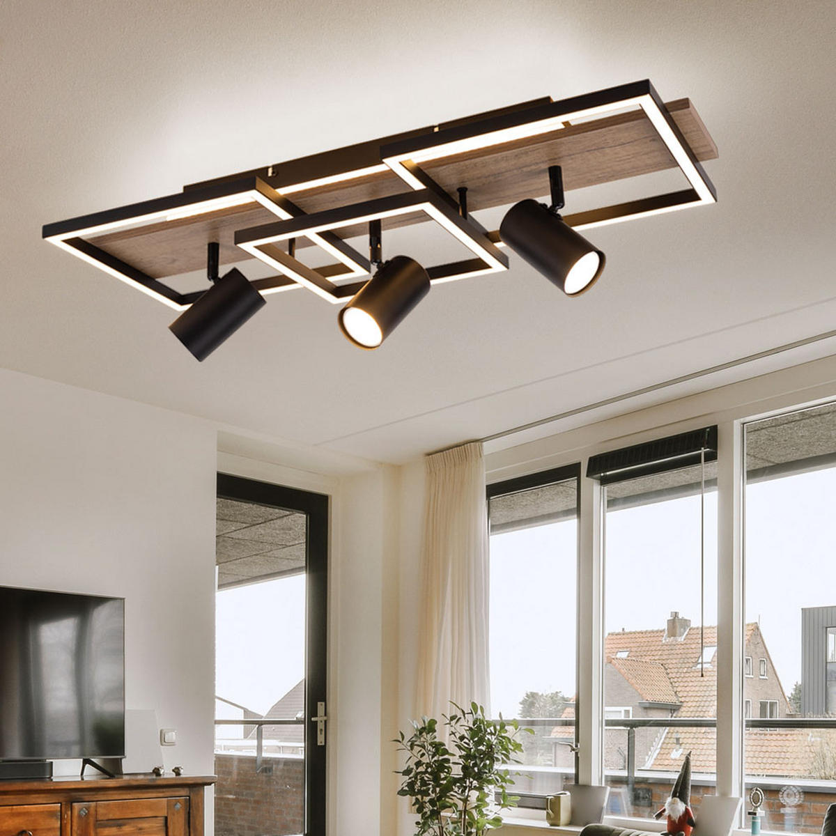 LED DECKENLEUCHTE Metall Holzoptik Schwarz 3-flammig - Schwarz, Metall (72/27/18cm) - Globo Lighting