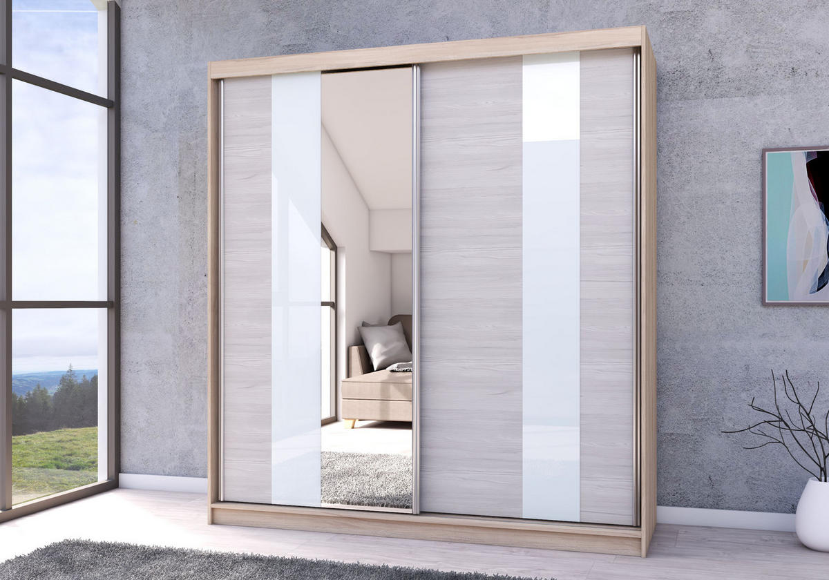 SCHWEBETÜRENSCHRANK MULTI 32 Sonoma Eiche/Kathult Weiß, ohne LED Beleuchtung 203 cm - Alufarben/Schwarz, Glas/Holzwerkstoff (183/218/61cm) - imoebel24