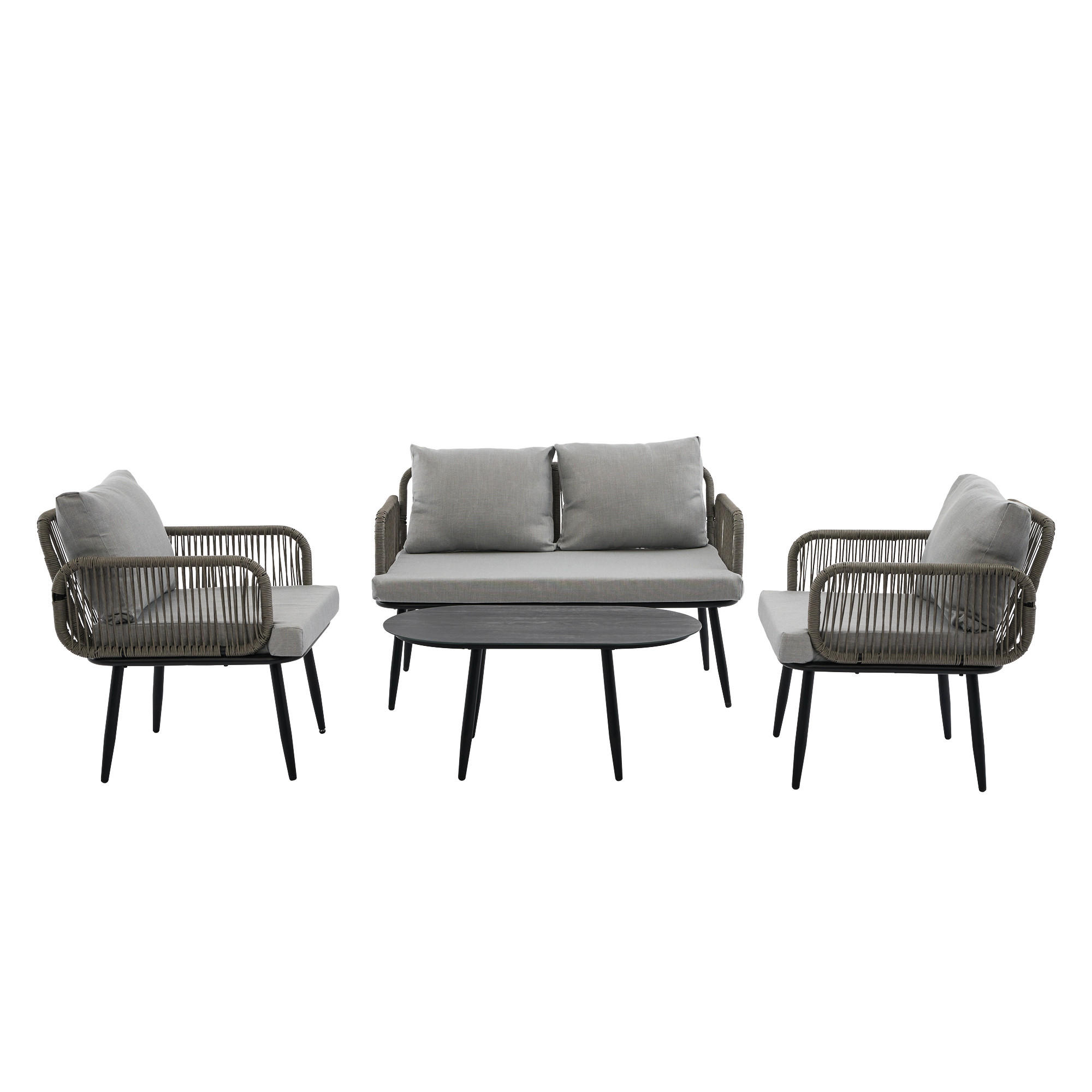GARTENMÖBEL-SET Grau 4-teilig mit Couchtisch & handgeflochtenen Details - Grau, Textil - PANGIVO