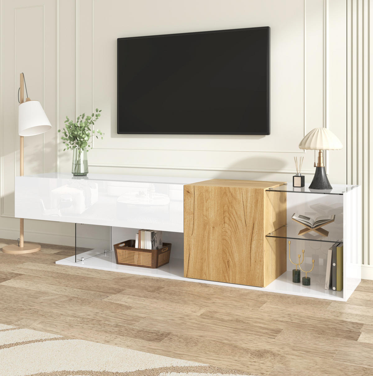 TV-KOMMODE in Hochglanz Weiß mit Holzoptik und Glasregalen 180/38/48 cm - Weiß, Holzwerkstoff (180/48/38cm) - Redom