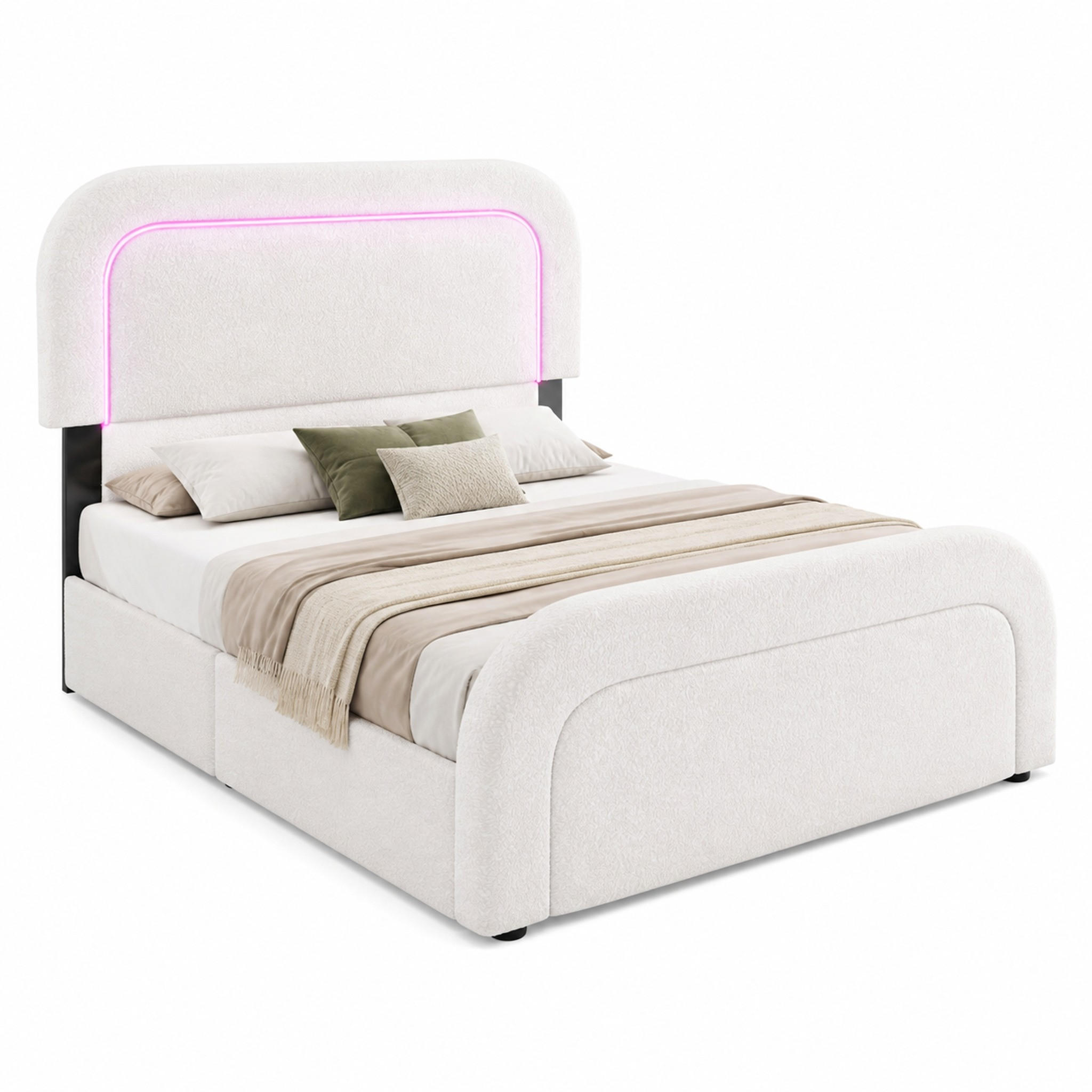 BETT mit Matratze, USB-C, LED und 2 Schubladen 90x200 cm Sherpa Weiß - Weiß, Metall (90/200cm) - Meubliv