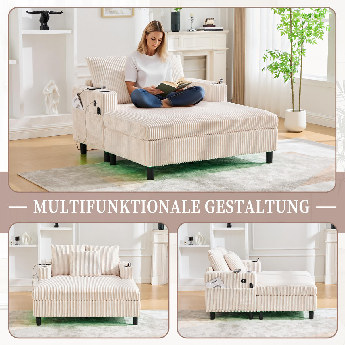 SCHLAFSOFA,SCHLAFCOUCH Sofa Beige, Cord Sessel mit LED USB und Getränkehalter - Beige, Textil (142/85/128cm) - PARAFTA HOME