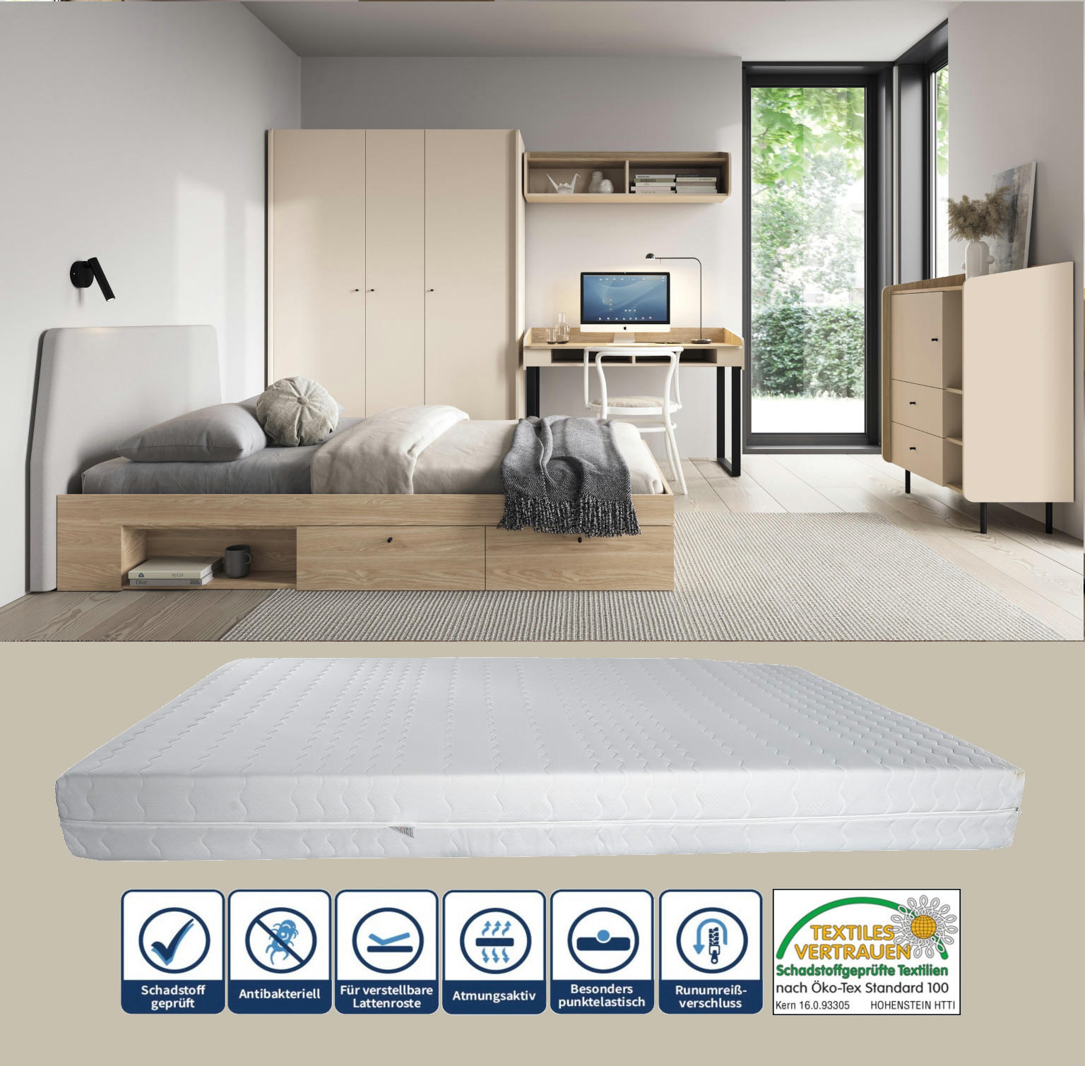 JUGENDZIMMER Ara in Sand und Eiche 7 teilig mit Kleiderschrank 3 türig und Matratze - Sandfarben/Eichefarben, Holzwerkstoff (80/200/120cm)