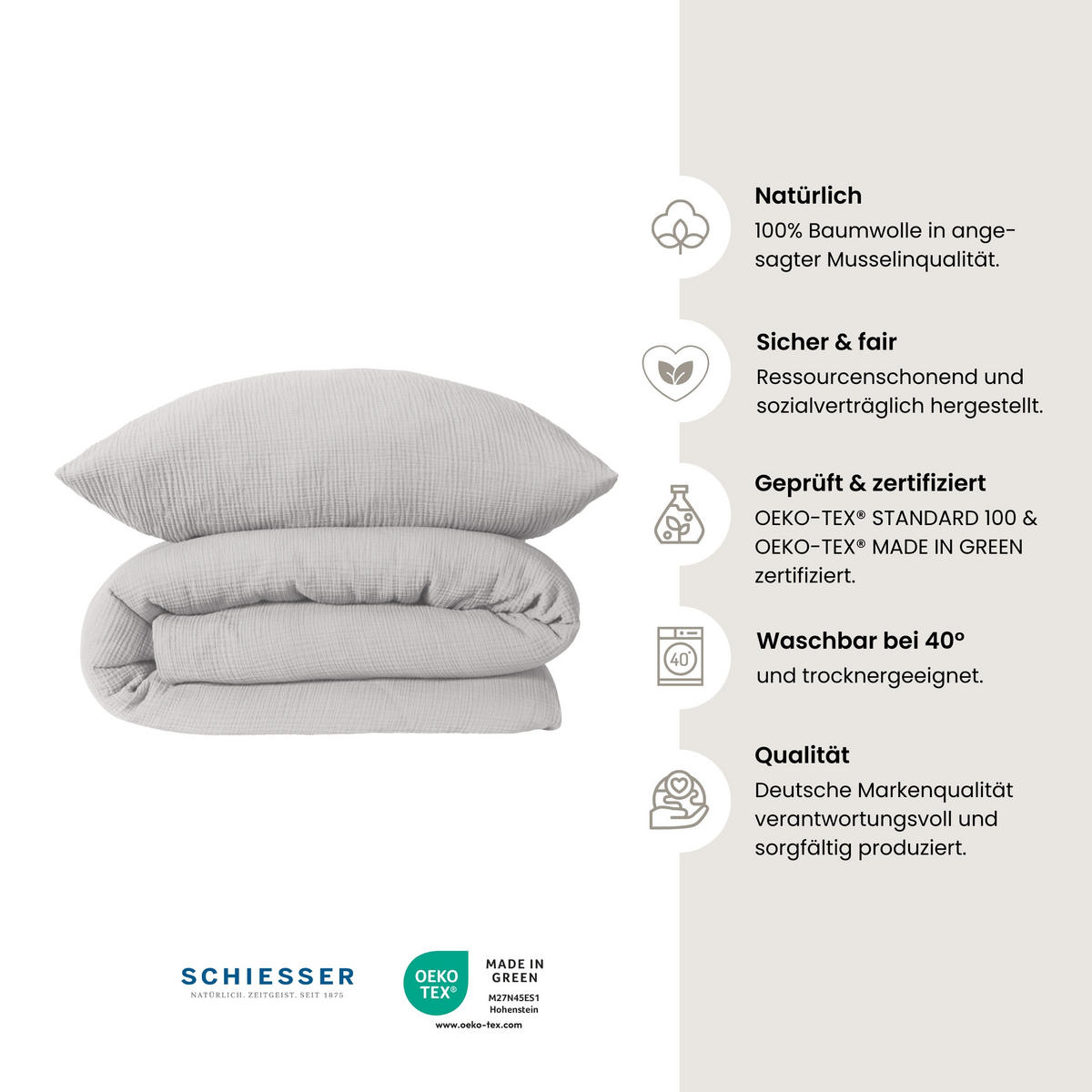 BETTWÄSCHESET Molly - Musselin - 2-teilig - 135 x 200 cm - Hellgrau - Hellgrau, Textil (135/200cm) - SCHIESSER