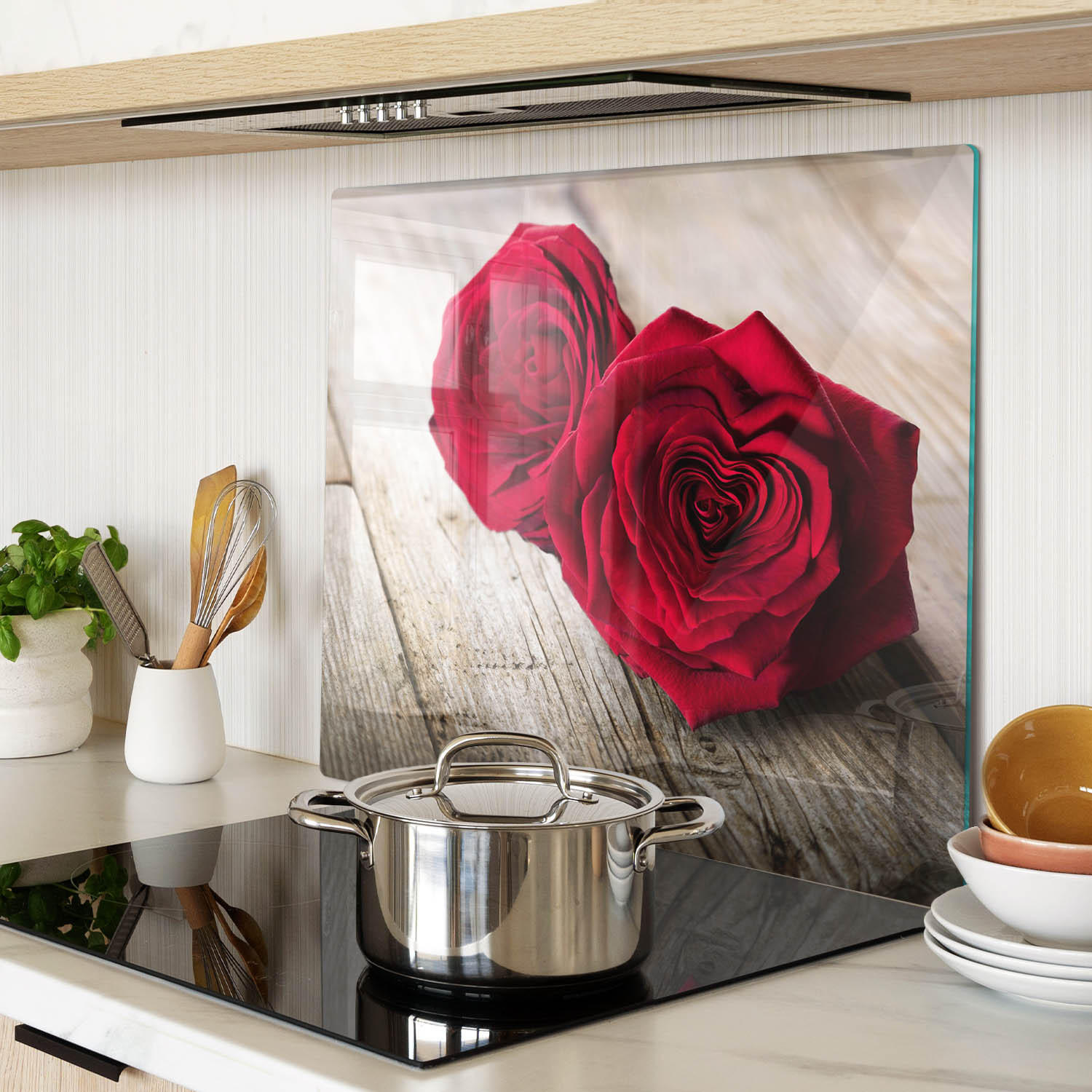 GLASPLATTE 60x52 cm Rosen auf Holz - Rot, Glas (60/0.4/52cm) - TULUP