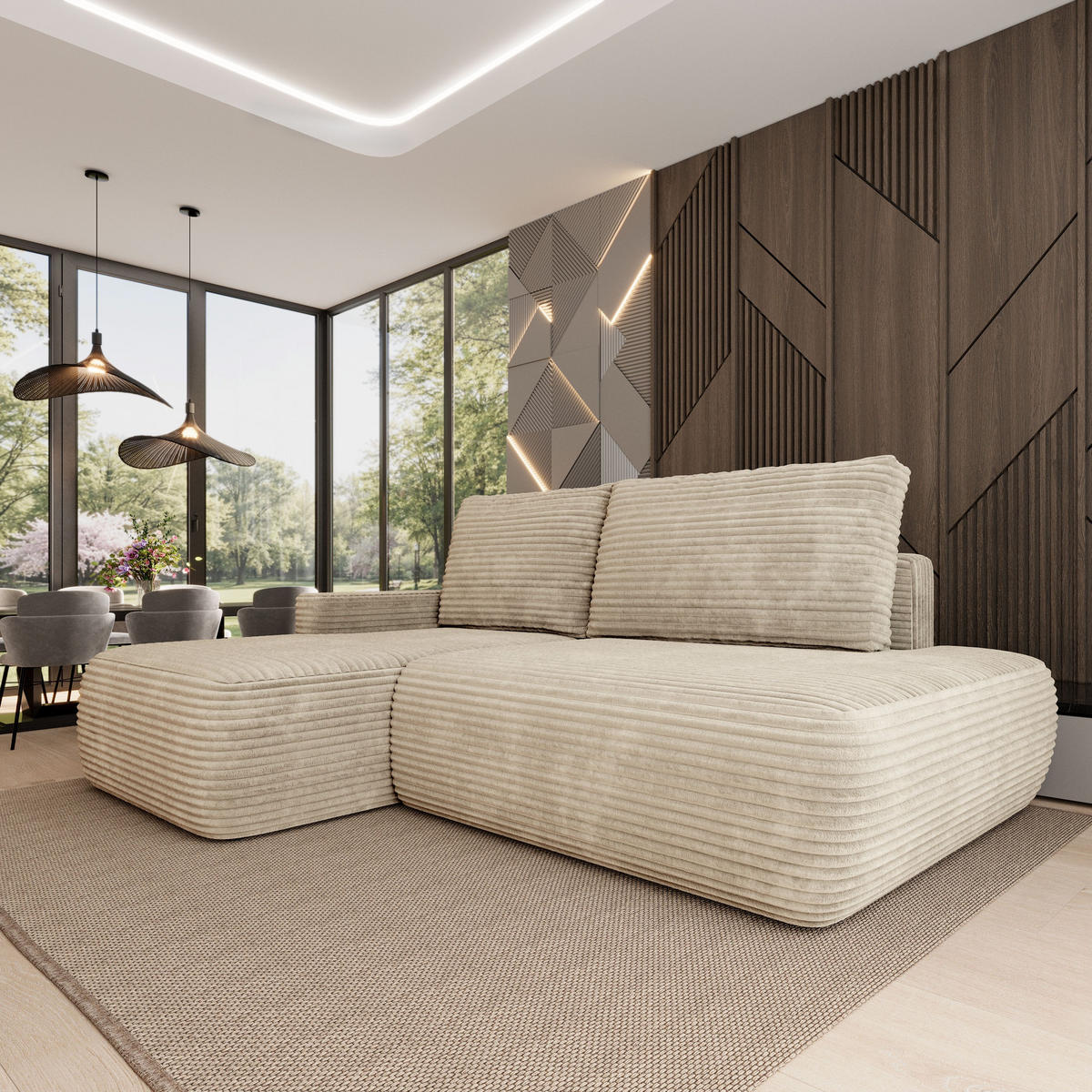 ECKSOFA AVINI T L-S Creme Kordstoff mit Schlaffunktion - Creme, Holzwerkstoff/Textil (277/160cm) - MASSENO