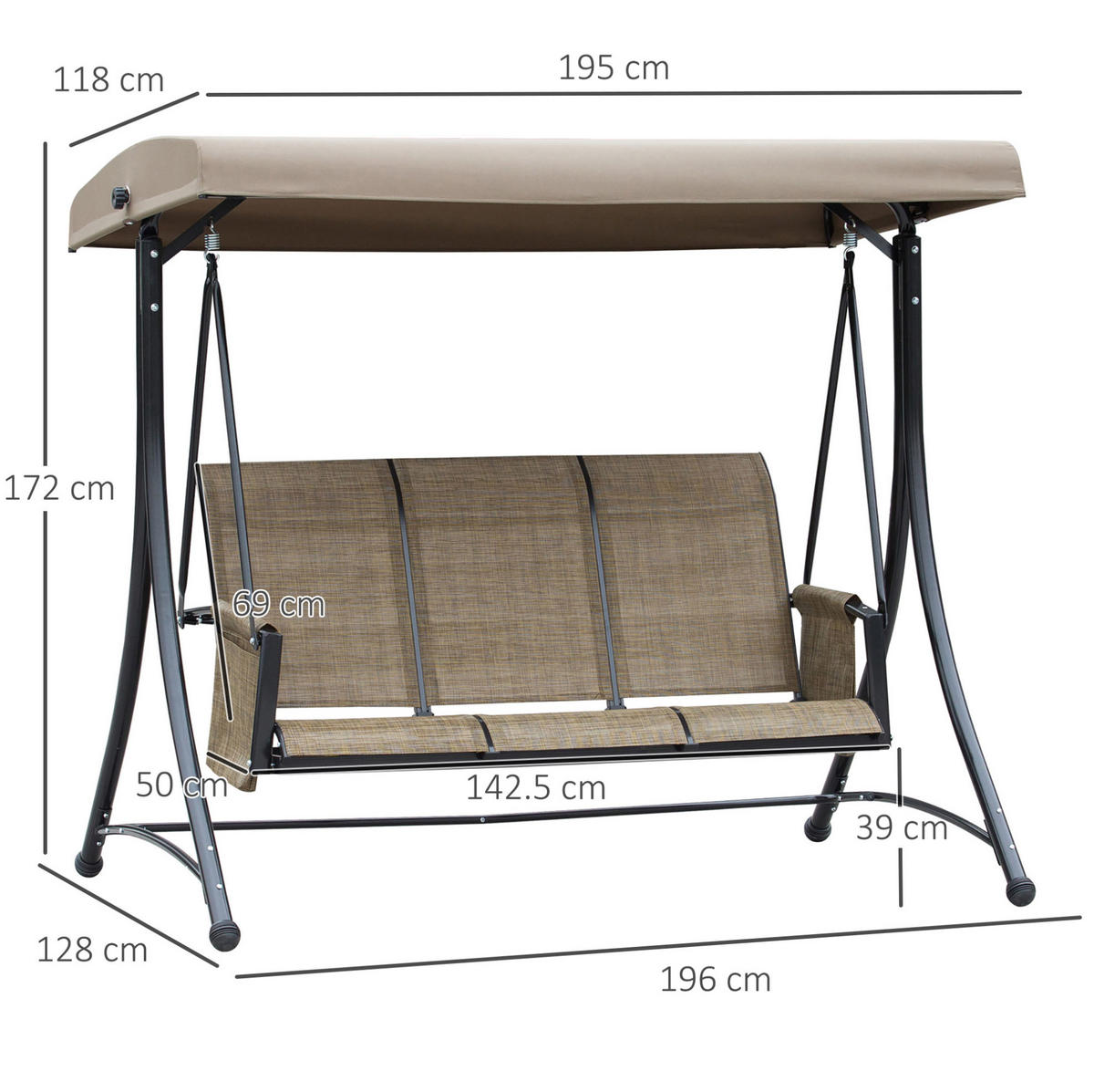 HOLLYWOODSCHAUKEL 196/128/172 cm mit verstellbarem Sonnendach und Seitentaschen aus Polyester, Braun - Braun, Metall (128/172/196cm) - Redom