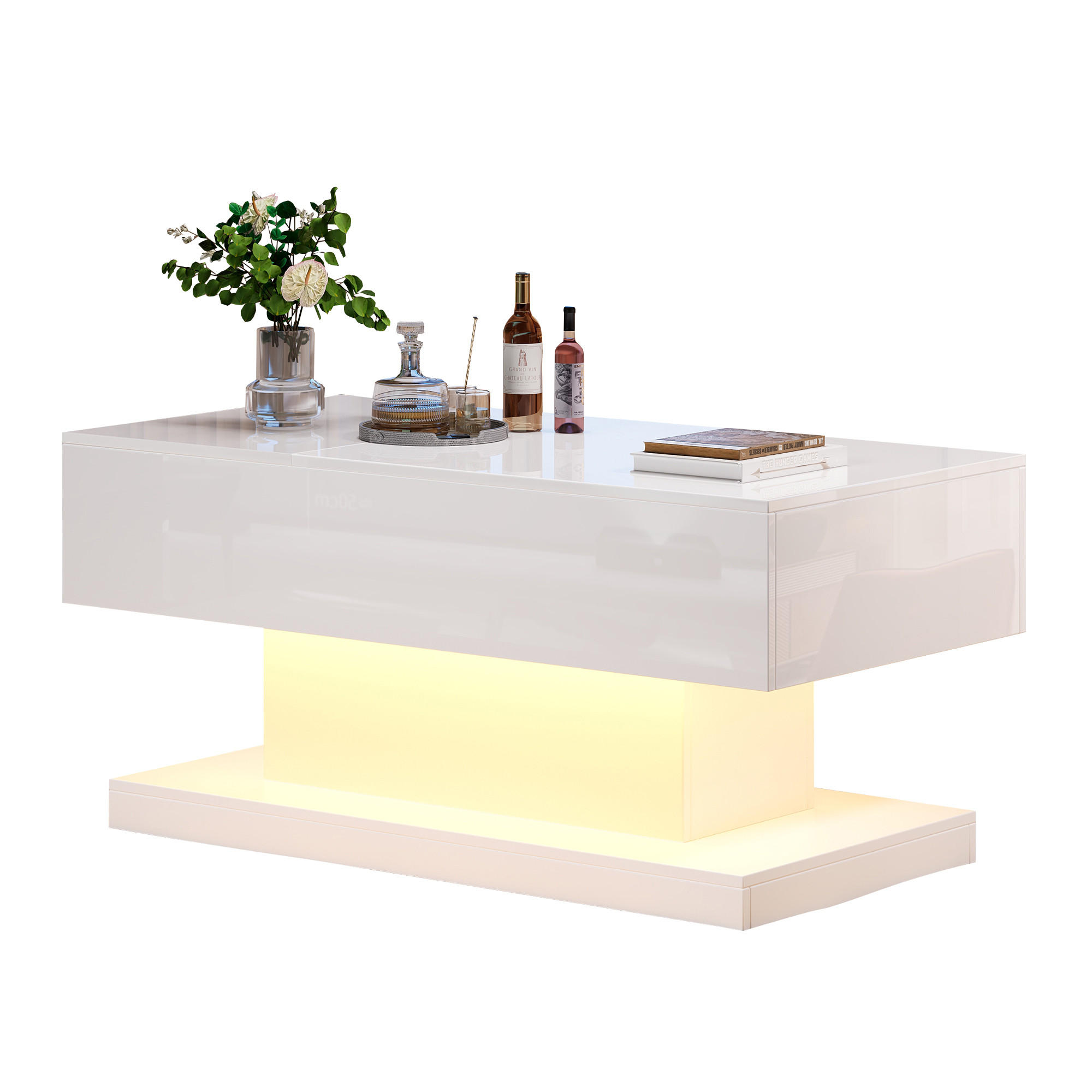 STILVORA KONFERENČNÍ STŮL v bílé barvě, vysoký lesk, se zvedací deskou a LED osvětlením, 100 × 50 × 45 cm
