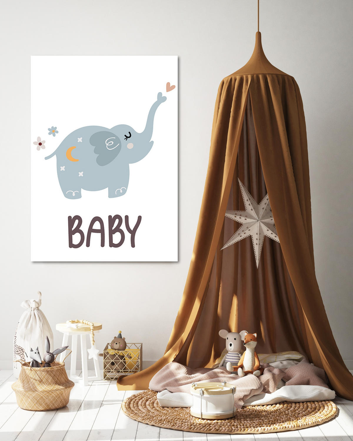 WANDBILD elefant für kinder boho - Blau, Textil (40/60cm) - Feeby