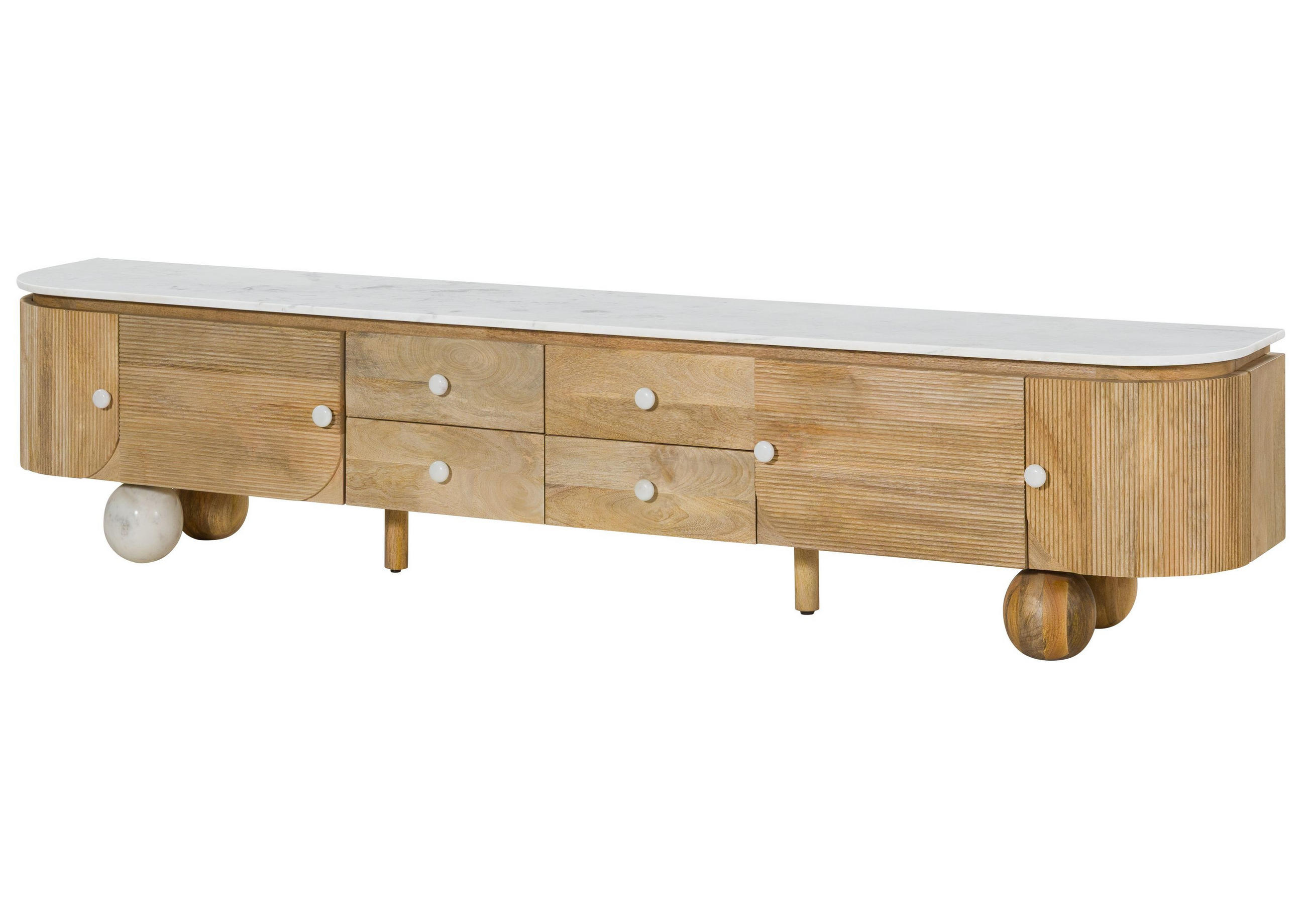 TV-BOARD Mango 240x40x50 natur lackiert / Marmor weiß FLORENZ #103 - Naturfarben, Holz (240/50/40cm) - Massivmoebel24