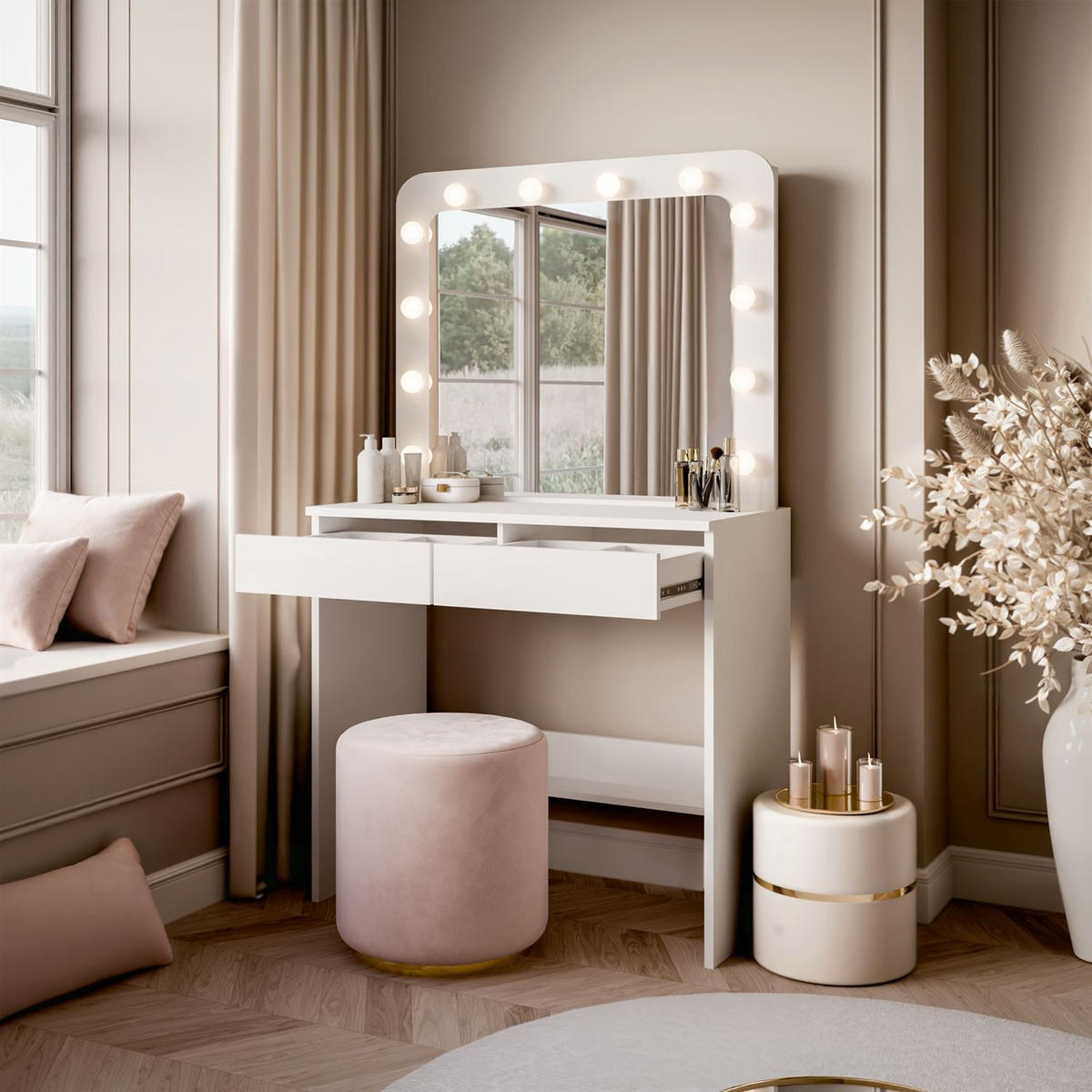SCHMINKTISCH LUMINE mit Spiegel und LED-Beleuchtung - Weiß, Holzwerkstoff (80/139/40cm) - Lookway