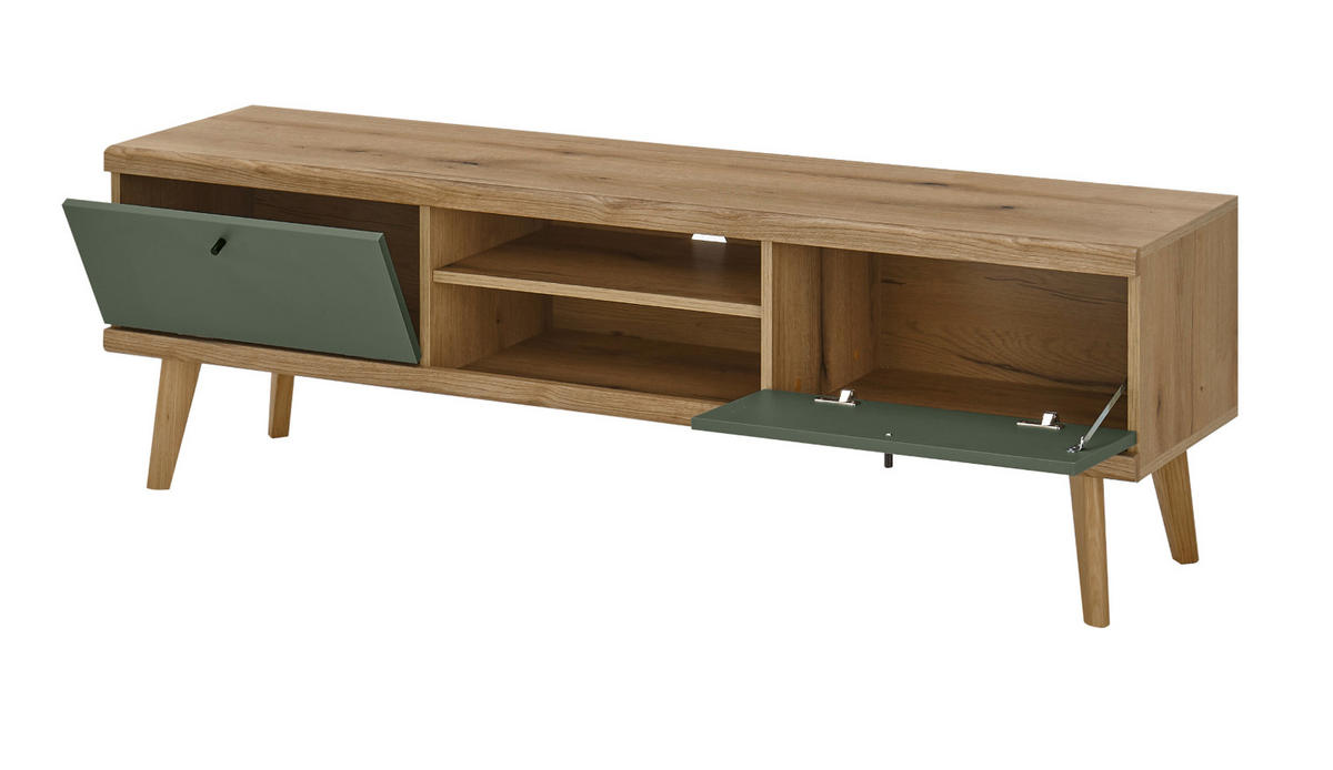 WOHNWAND 3-teilig salbei grün, Eiche Evoke, skandinavisch 277 cm, Schrankwand mit Highboard - Salbeigrün/Eichefarben, Eichenholz/Holz (277/160/40cm) - Furn.Design