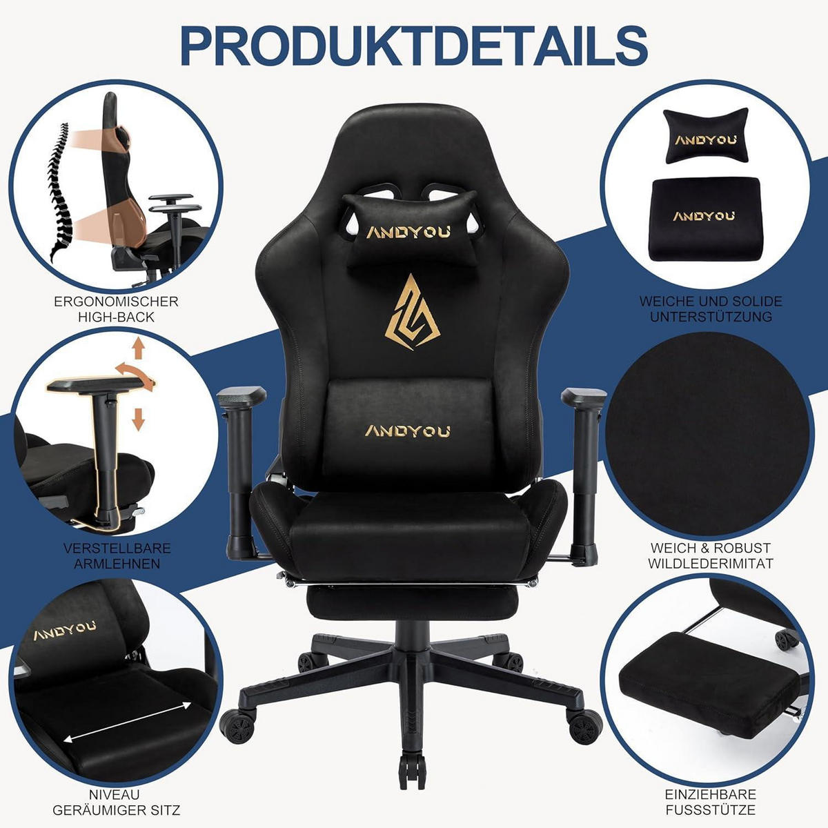 GAMING Stuhl mit Fußstütze und Lendenkissen, schwarz - Schwarz, Kunststoff (59/32/85cm)