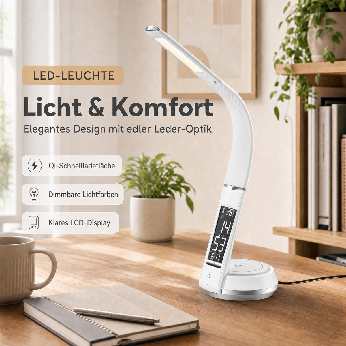 LED-SCHREIBTISCHLAMPE - mit drahtloser QI-Ladestation, Touch-Dimmer und integrierter Uhr für modernes Arbeiten - Weiß, Kunststoff (13.7/13.7/54.5cm) - Northpoint