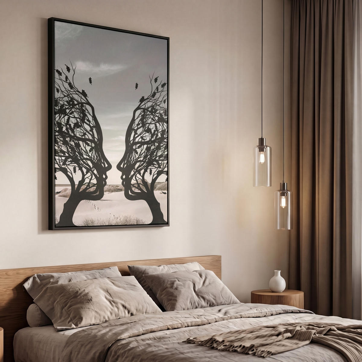 LEINWAND Bilder mit Rahmen - Strand - Meer - Menschen - Baum - Moderne Kunst - 60x90 - Hellgrau, Textil (60/90cm) - MuchoWow