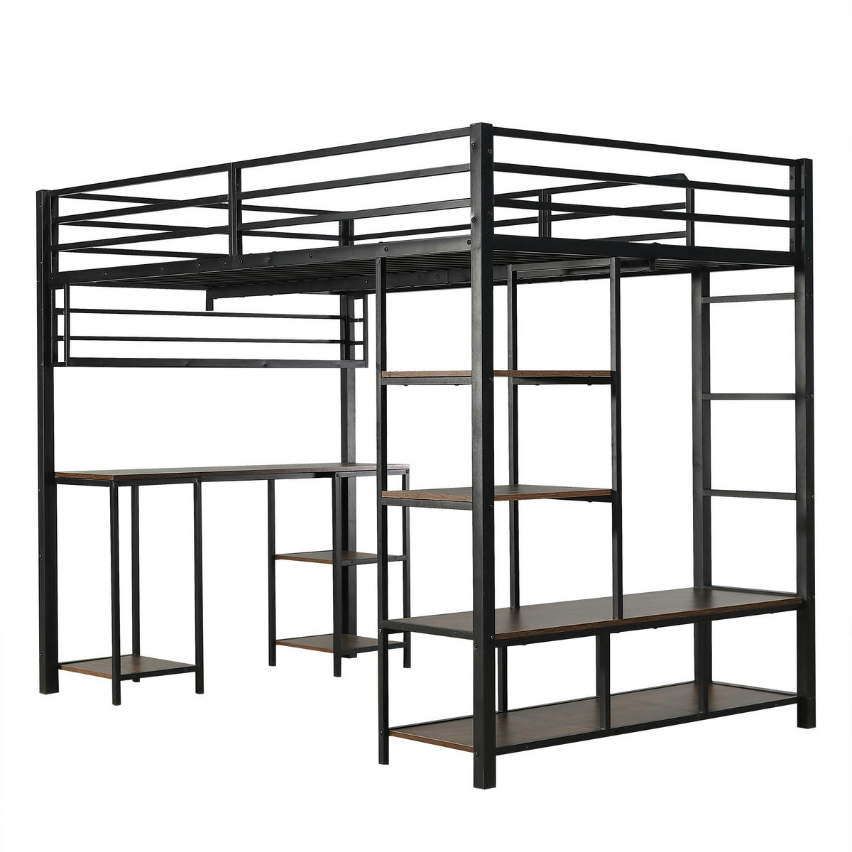 HOCHBETT 120/200 cm in Schwarz & Dunkelwalnuss mit Schreibtisch, Ablage und Leiter - Schwarz, Holzwerkstoff/Metall (120/200cm) - CHICFURN