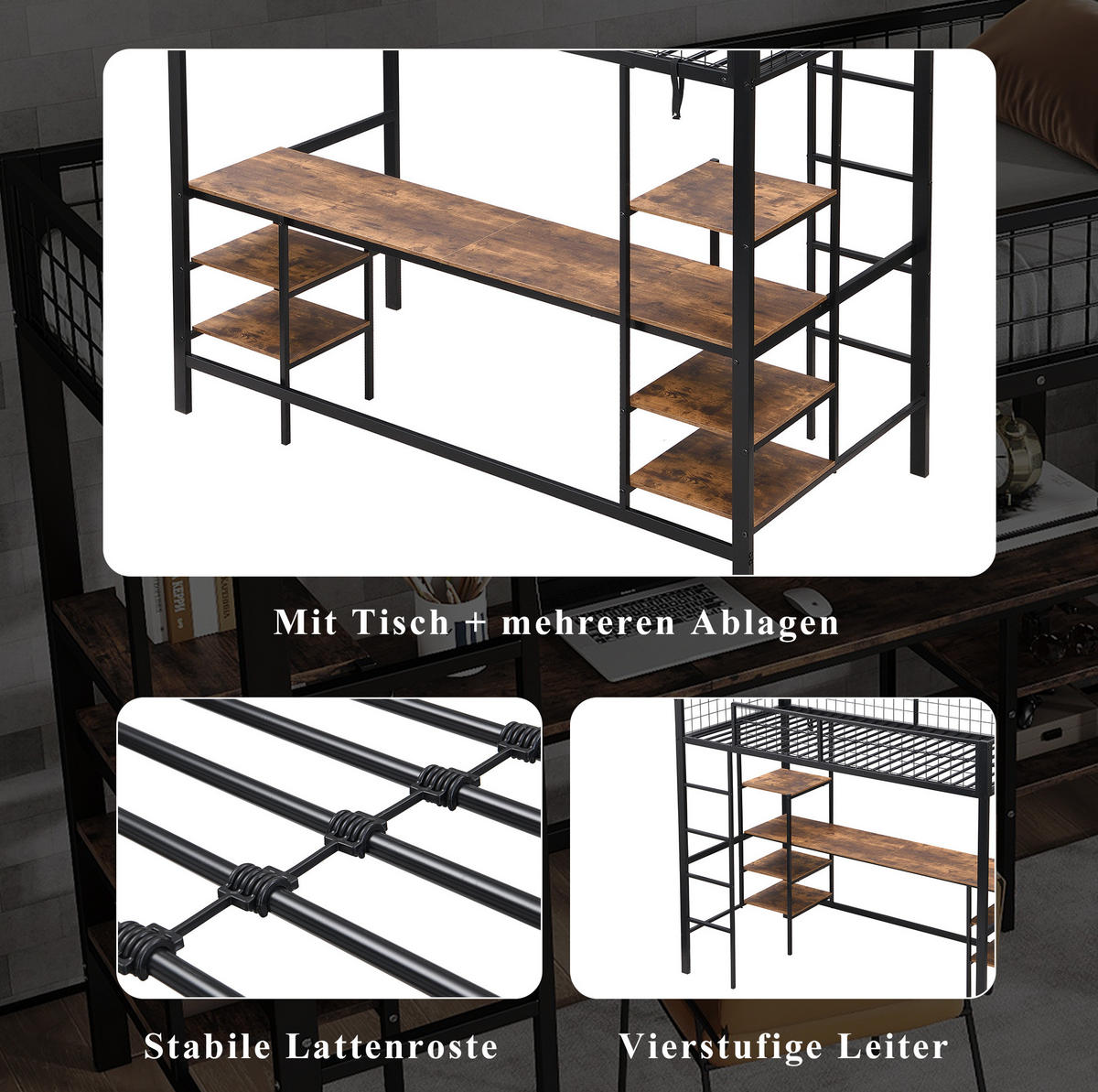 ETAGENBETT 90/200 cm in Schwarz mit Schreibtisch, Regal und 4-stufiger Leiter - Schwarz, Metall (90/200cm) - OKMYHOME