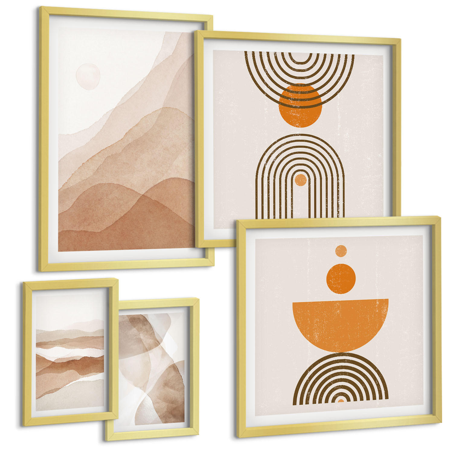 BILDER SET 5er Set - 50x50 cm & 20x30 cm & 40x60 cm Goldrahmen - Strukturen schattieren Minimalismus - Goldfarben, Kunststoff (40/60cm) - TULUP