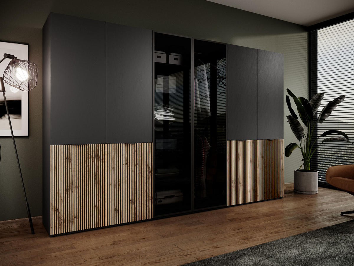 KLEIDERSCHRANK ZEN (Modular, Schwarz, Wotan Eiche & Getöntes Glas Antisol, 6-türig) - Eiche Wotan/Schwarz, Holz/Holzwerkstoff (303/200/51cm) - Ravio