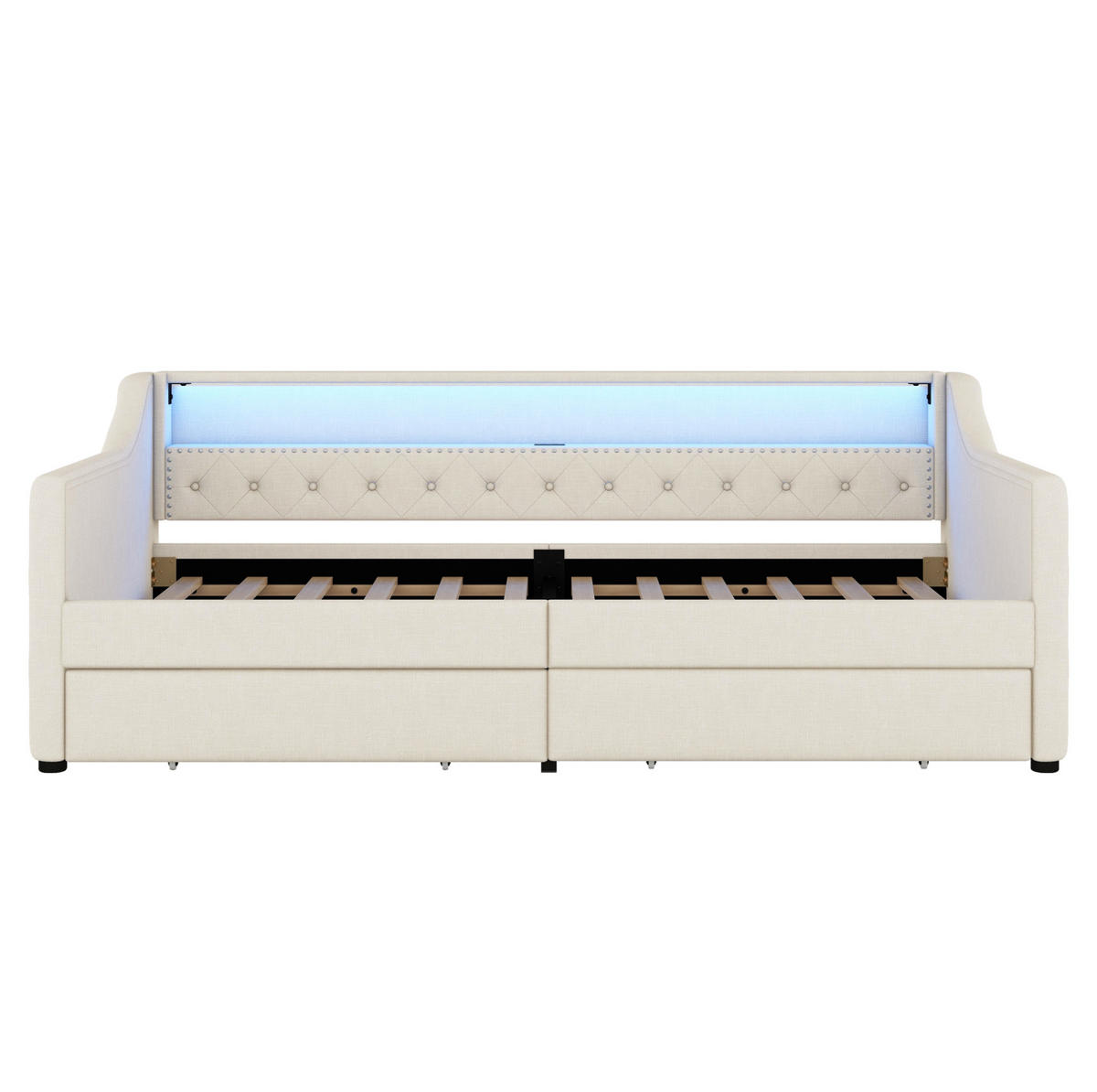 POLSTERBETT mit LED-Beleuchtung 90/200 cm mit 2 Schubladen und USB-Anschluss - Beige, Textil (90/200cm) - BEAOK