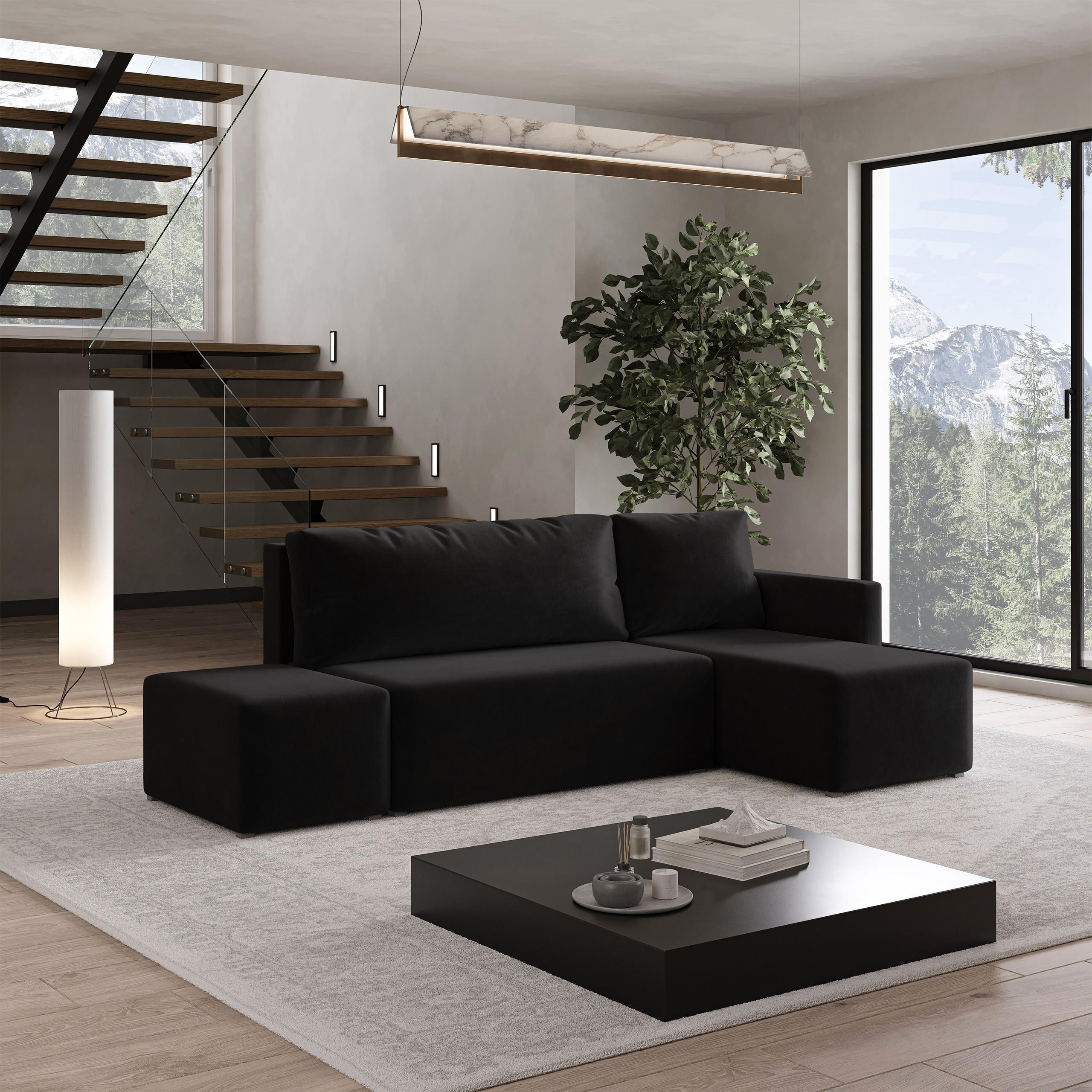 ECKSOFA VELOTTI R-S Schwarz Plüsch-Stoff mit Schlaffunktion - Schwarz, Holz (261/143cm) - MASSENO