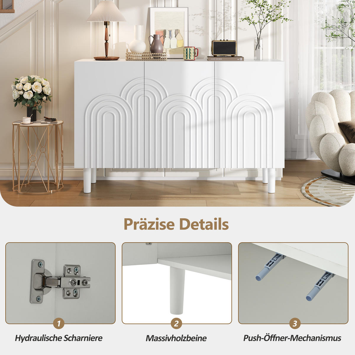 SIDEBOARD 120 cm in Weiß Kommode mit 3 Designtüren & verstellbaren Fächern - Weiß, Holzwerkstoff (120/79/38.5cm) - Urban Meuble