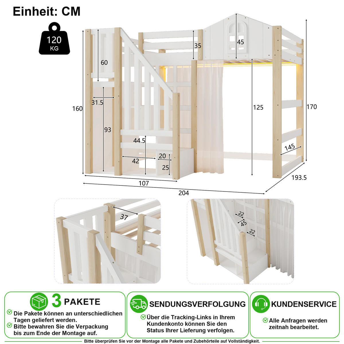 HOCHBETT 140/200 cm in Weiß & Natur mit LED, Ablageleiter und Gaze - Weiß/Naturfarben, Holz/Holzwerkstoff (140/200cm) - CHICFURN