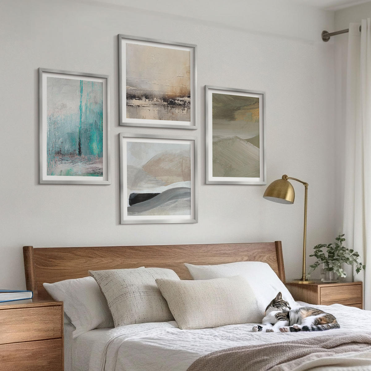 WANDBILDER 4er Set - 50x50 cm & 40x60 cm Silberner Rahmen - Gemalte abstrakte Dekorationen - Silberfarben, Kunststoff (50/50cm) - ArtPrintCave