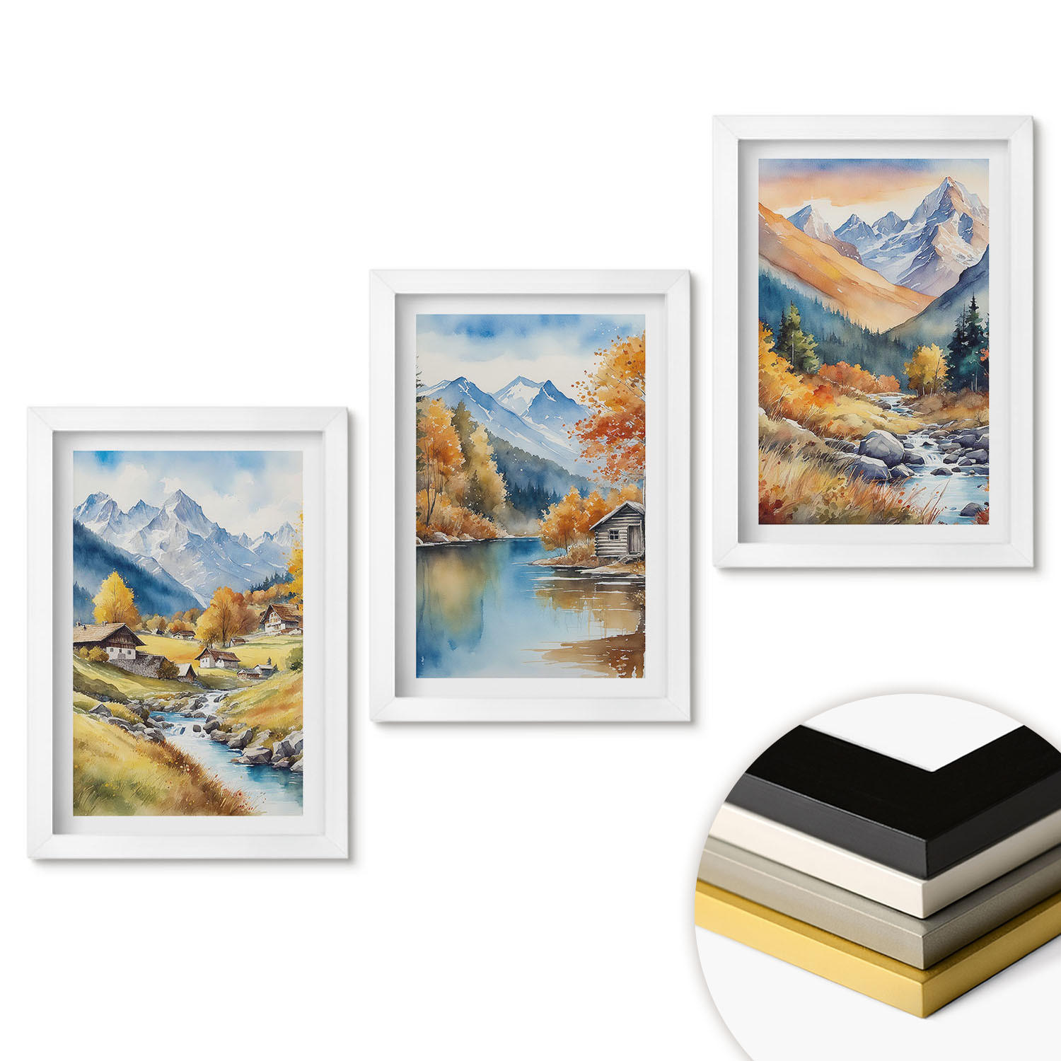 WANDBILDER 3er-Set - 20x30 cm Weißer Rahmen - Herbstliche Berge, Flusshäuser - Weiß, Kunststoff (20/30cm) - ArtPrintCave
