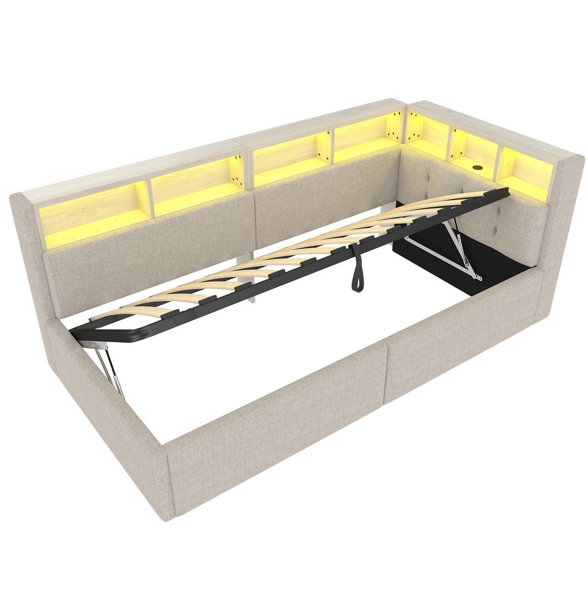 BETT 90/200 cm in Beige mit Stauraum und LED-Beleuchtung - Beige, Textil (90/200cm) - Flora Grace