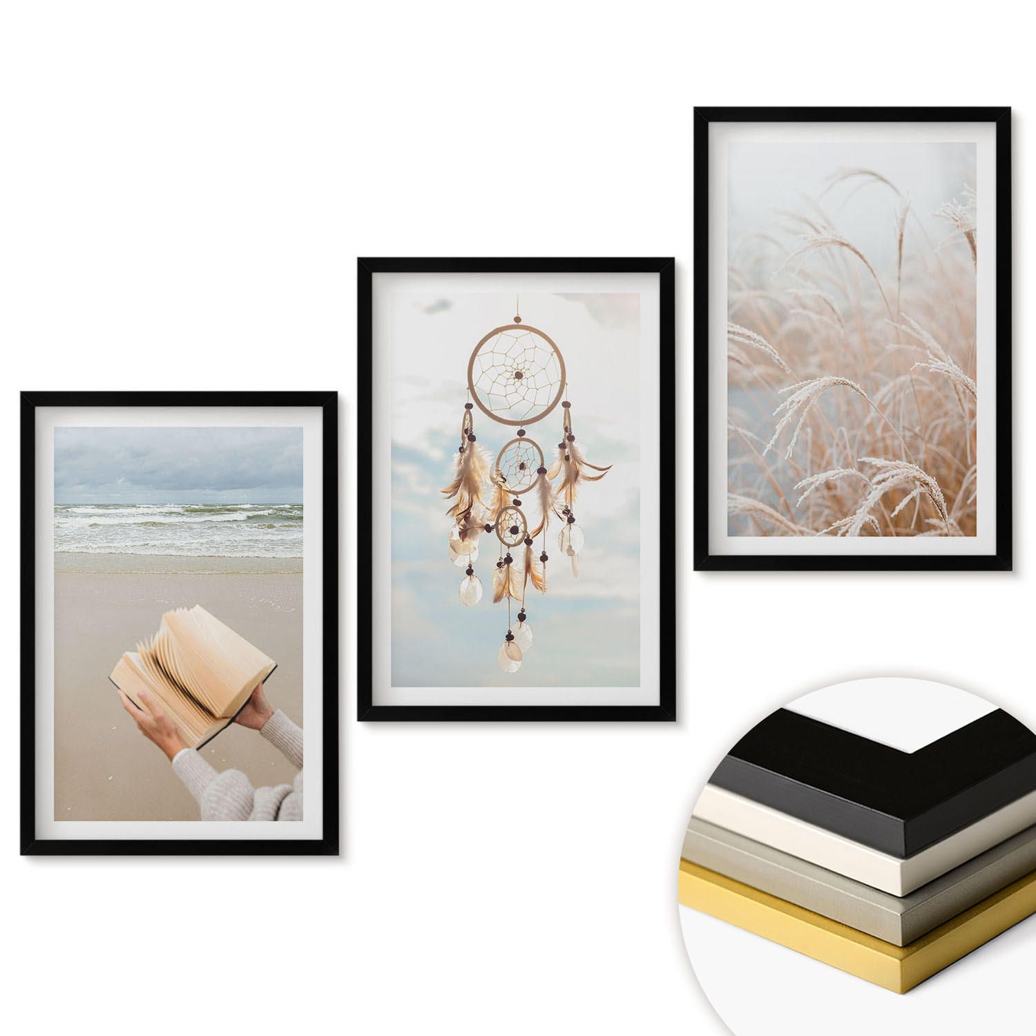 WANDBILDER 3er-Set - 40x60 cm Schwarzer Rahmen - Friedliche sommerliche Boho-Landschaften - Schwarz, Kunststoff (40/60cm) - ArtPrintCave